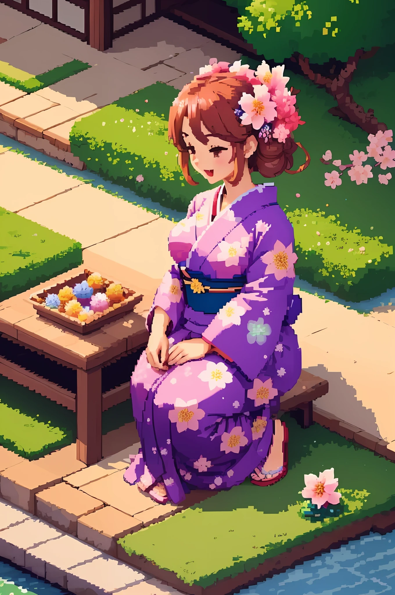 (masterpiece, top quality, best quality), beautiful woman, cute yukata, sakura garden, happy, isometric composition, pixel art