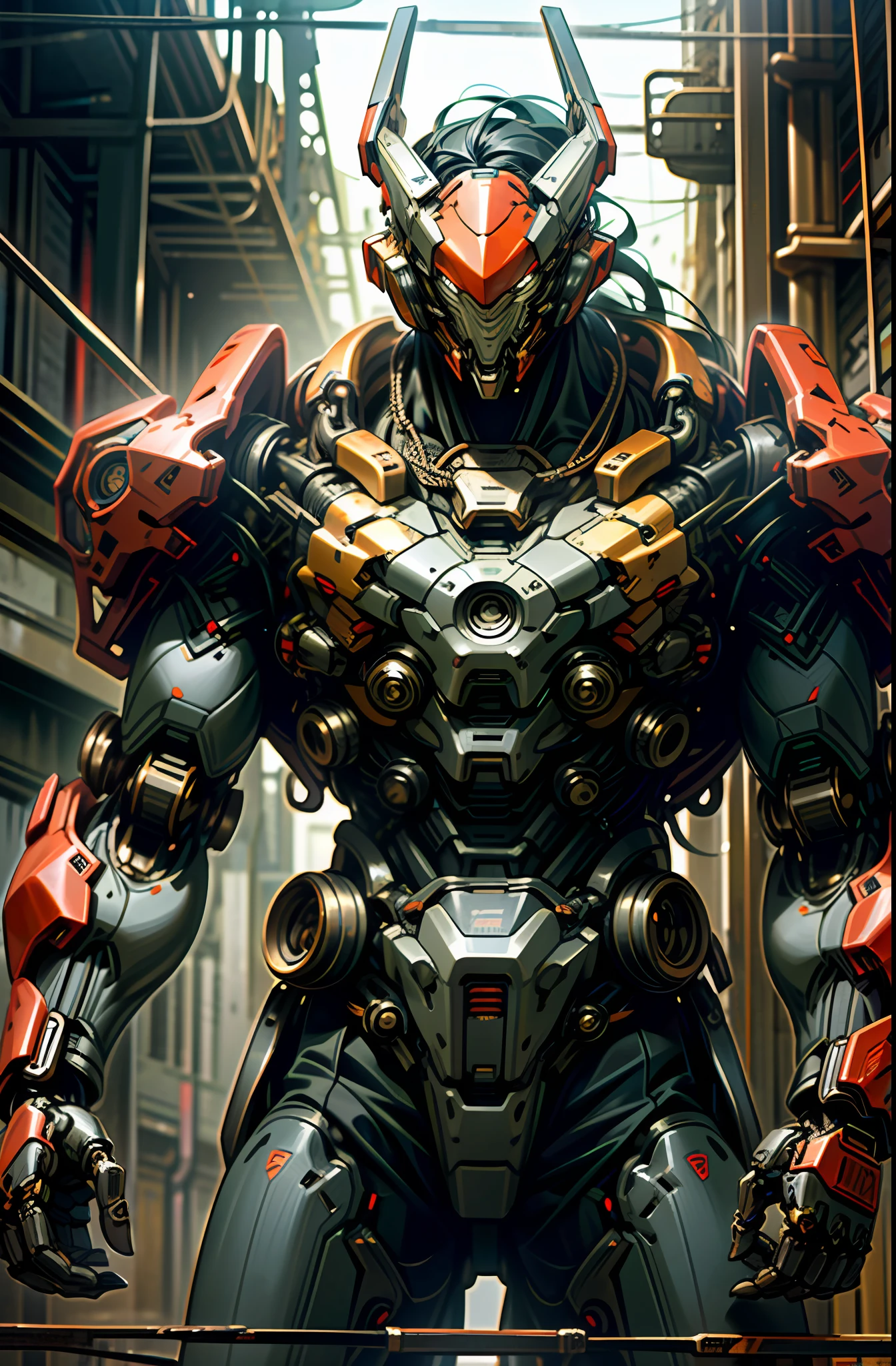 Dark_Fantasy,Cyberpunk,(chain saw,chain saw man,Red:1.1),1man,Mechanical marvel,Robotic presence,Cybernetic guardian, wearing a worn-out mech suit, intricate, (steel metal [rusty]), elegant, clear focus, shot by greg rutkowski, soft lighting, vibrant colors, masterpiece, ((street)), cowboy shot, dynamic pose,