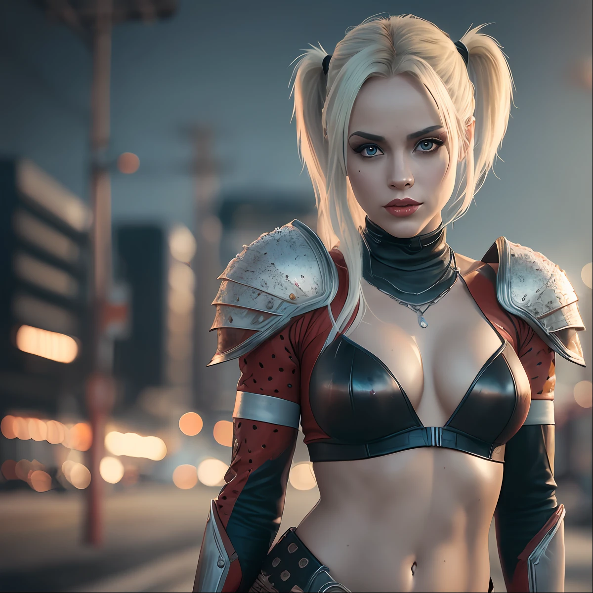 harley quinn, beautiful, blonde, red and black makeup,full body, in elegant clothing, post apocalyptic scenery, dark, outside on the street, (((skinny, small)), photorealistic, photo, masterpiece, realistic, realism, photorealism, high contrast, photorealistic digital art trend on Artstation 8k HD high definition detail realistic, detailed, skin texture, hyperdetailed, realistic skin texture, armor, best quality,  Ultra high resolution, (photorealistic: 1.4), high resolution, detailed, raw photo, sharp re, by Lee Jeffries Nikon D850 Film Stock Photography 4 camera kodak portra 400 lens f1.6 rich colors hyper realistic texture dramatic lighting unrealengine trend in artstation cinestill 800, --auto --s2