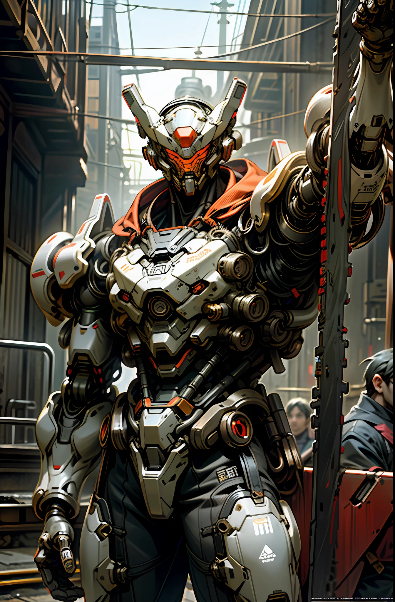 Dark_Fantasy,Cyberpunk,(chain saw,chain saw man,Red:1.1),1man,Mechanical marvel,Robotic presence,Cybernetic guardian, wearing a worn-out mech suit, intricate, (steel metal [rusty]), elegant, clear focus, shot by greg rutkowski, soft lighting, vibrant colors, masterpiece, ((street)), cowboy shot, dynamic pose,