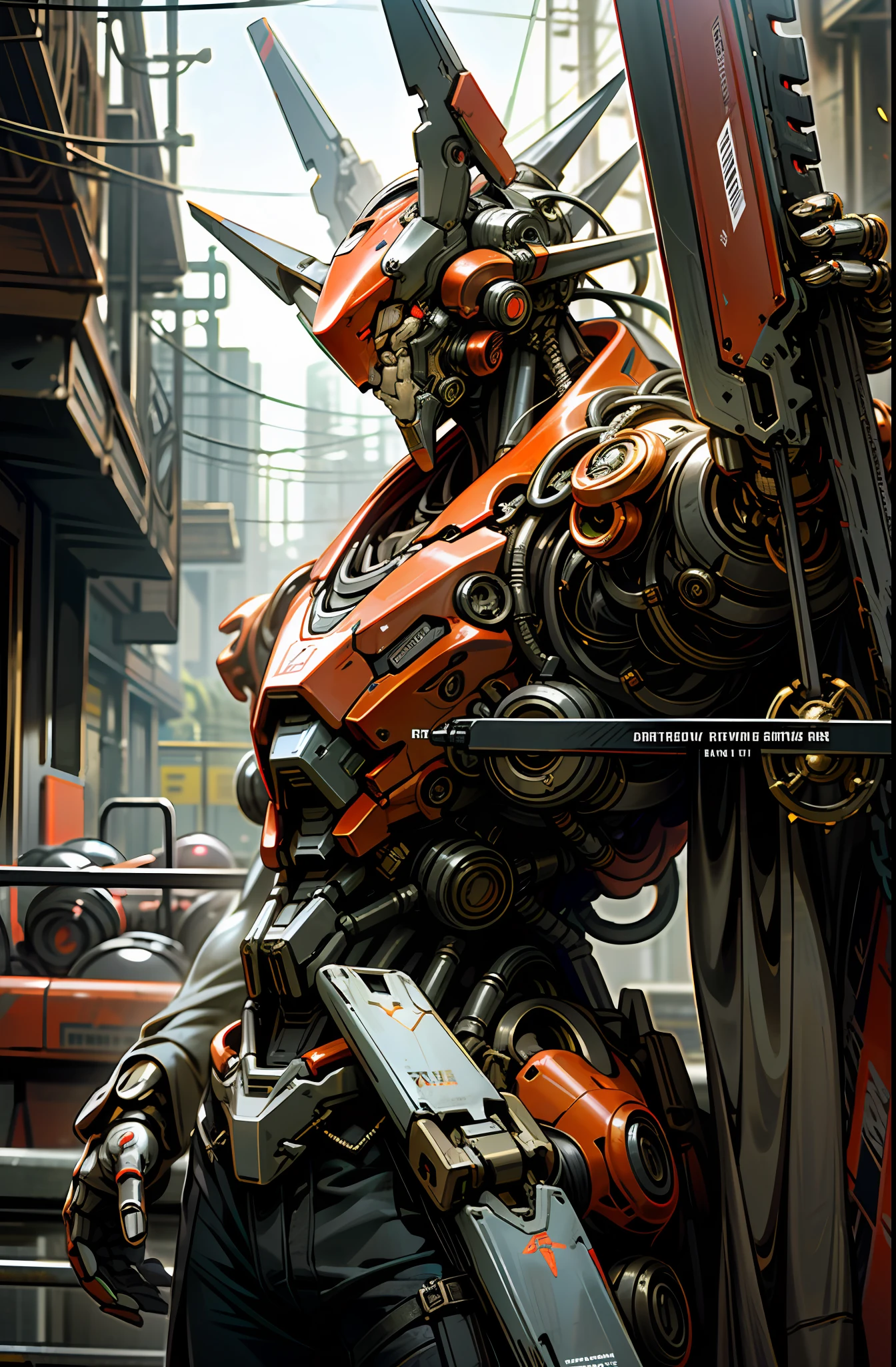 Dark_Fantasy,Cyberpunk,(chain saw,chain saw man,Red:1.1),1man,Mechanical marvel,Robotic presence,Cybernetic guardian, wearing a worn-out mech suit, intricate, (steel metal [rusty]), elegant, clear focus, shot by greg rutkowski, soft lighting, vibrant colors, masterpiece, ((street)), cowboy shot, dynamic pose,