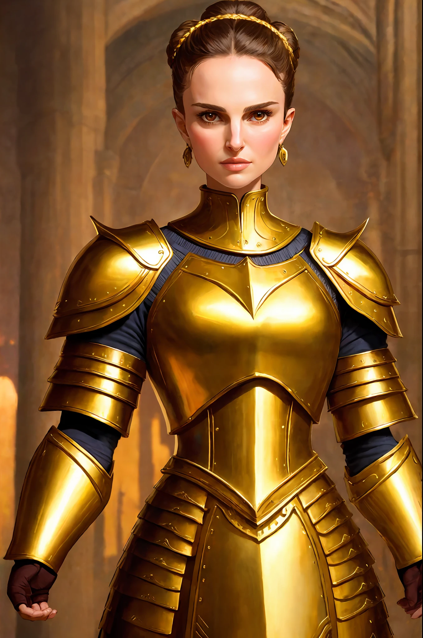 analog style, full body height portrait of a (strong) woman,natalie portman with a proud glance, thick eyebrows, , fullbody medieval golden armor, flaxen hair buns, detailed_eyes, ((low angle shot)), (muscular), (powerful:1.3), ((pov)), sharp focus, 8k uhd, dslr, high quality, film grain, Fujifilm XT3, (powerful:1.3)