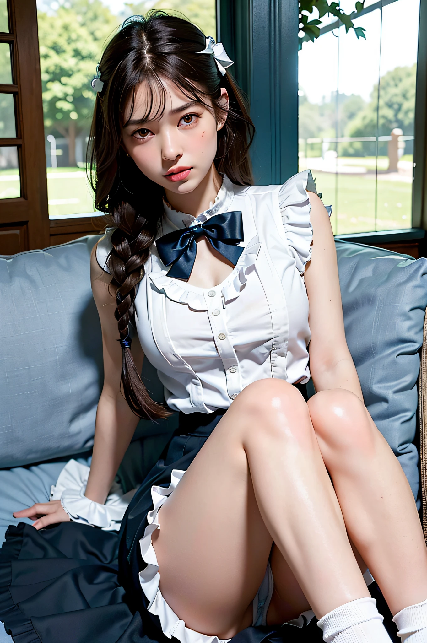 ((Bright garden porch background)), (lo-fi), (soft focus), High Definition, Masterpiece, High Definition, High Definition, 4K, Ultra High Definition, Ultra realistic shadows, Ultra realistic, Dramatic lighting, One Girl, Solo, Detailed Face, Realistic Eyes, Realistic Skin, Dynamic Hair, Dynamic Pose, Dynamic Angle, (White Blouse), (Dark blue bow tie), ( Dark blue long skirt))), ((White short ankle-length socks with folded edges))), white background, (Raw photo: 1.2), (Photorealistic: 1.4), Beautiful detailed girl, Very detailed eyes and face, Beautiful detailed eyes, Huge file size, super detailed, high resolution, very detailed, highest quality, (bright indoors), (soft light), (low contrast), ( shallow depth of field), (portrait of a beautiful woman illuminated by gentle light), (very delicate and elegant depiction), (short length bangs), (hair color is dark chestnut with a slight brown tone), (hair with subtle and gentle waves), (small braid intricately woven on the sides of long hair), ((white short ankle-length socks with folded edges))), illustration, very detailed, CG, unification, 8k wallpaper, Amazing, fine details, best quality, highly detailed CG unified 8k wallpaper, face lights, movie lighting, 1 girl, , (((without panties)), (camel toe), (half), (bent knees and legs sitting))