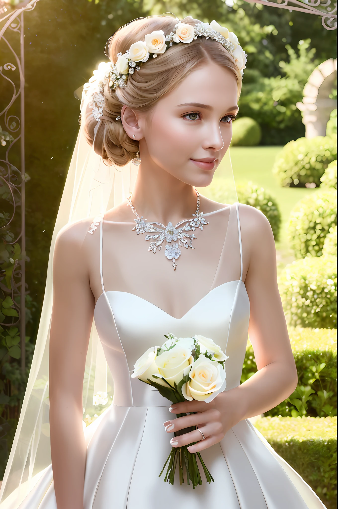 masterpiece, (photorealistic:1.4), best quality, beautiful lighting, rose garden, outdoors, upper body, 1 girl, natural beautiful female, slender woman, ((small breasts)). bride of flower, blushing face, smiling, ((chignon blonde hair)), blue eyes, detailed, intricate, RAW photo, 8k uhd, film grain,
(((extremely detailed flower wedding dress, flower wedding veil))),
extremely detailed gorgeous flower tiara, gorgeous flower necklace