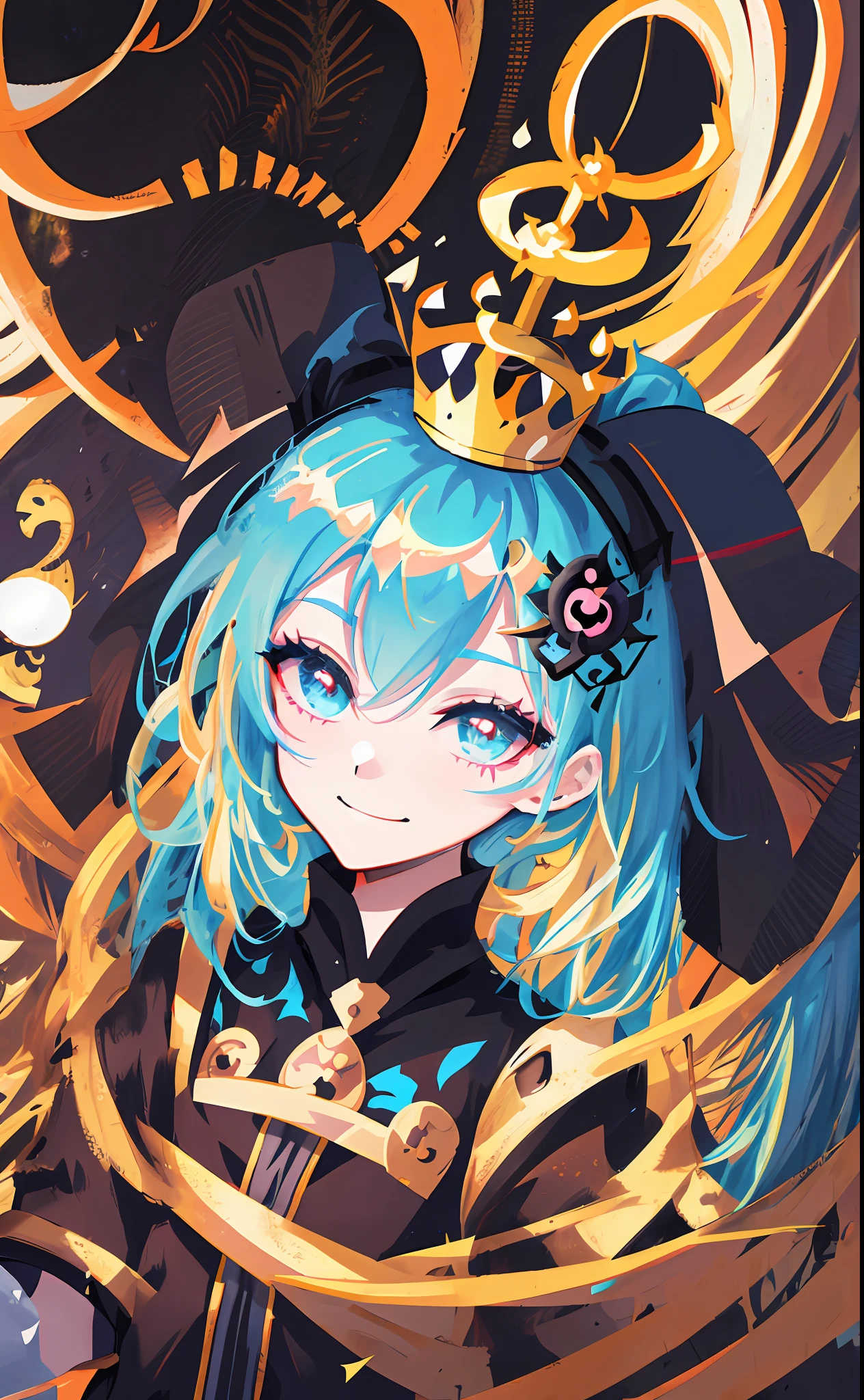 a close up of a cartoon character with a crown on her head, discord profile picture, nefarious smirk, style of duelyst, portrait knights of zodiac girl, portrait of jinx from arcane, onmyoji portrait, mika kurai demon, vivy, 2d icon, discord pfp, 2d art, 2 d art, black magician girl