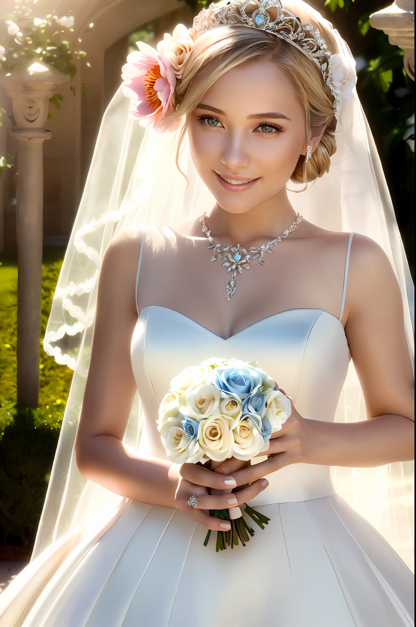 masterpiece, (photorealistic:1.4), best quality, beautiful lighting, rose garden, outdoors, upper body, 1 girl, natural beautiful female, slender woman, ((small breasts)). bride of flower, blushing face, smiling, ((chignon blonde hair)), blue eyes, detailed, intricate, RAW photo, 8k uhd, film grain,
(((extremely detailed flower wedding dress, flower wedding veil))),
extremely detailed gorgeous flower tiara, gorgeous flower necklace