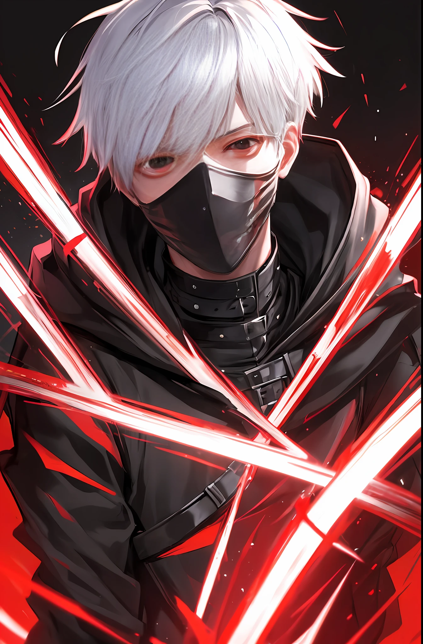 kk, best quality, more details, masterpiece, 1boy, kaneki ken, portrait, close-up,  male focus, red eyes, solo, mask, black nails, bangs, looking at viewer, hood, short hair, black background, hand up, hood up, nail polish, mouth mask, teeth, white hair, black mask, luxurious, 8k, detailed, ray tracing, depth of field, cinematic lighting, blood,