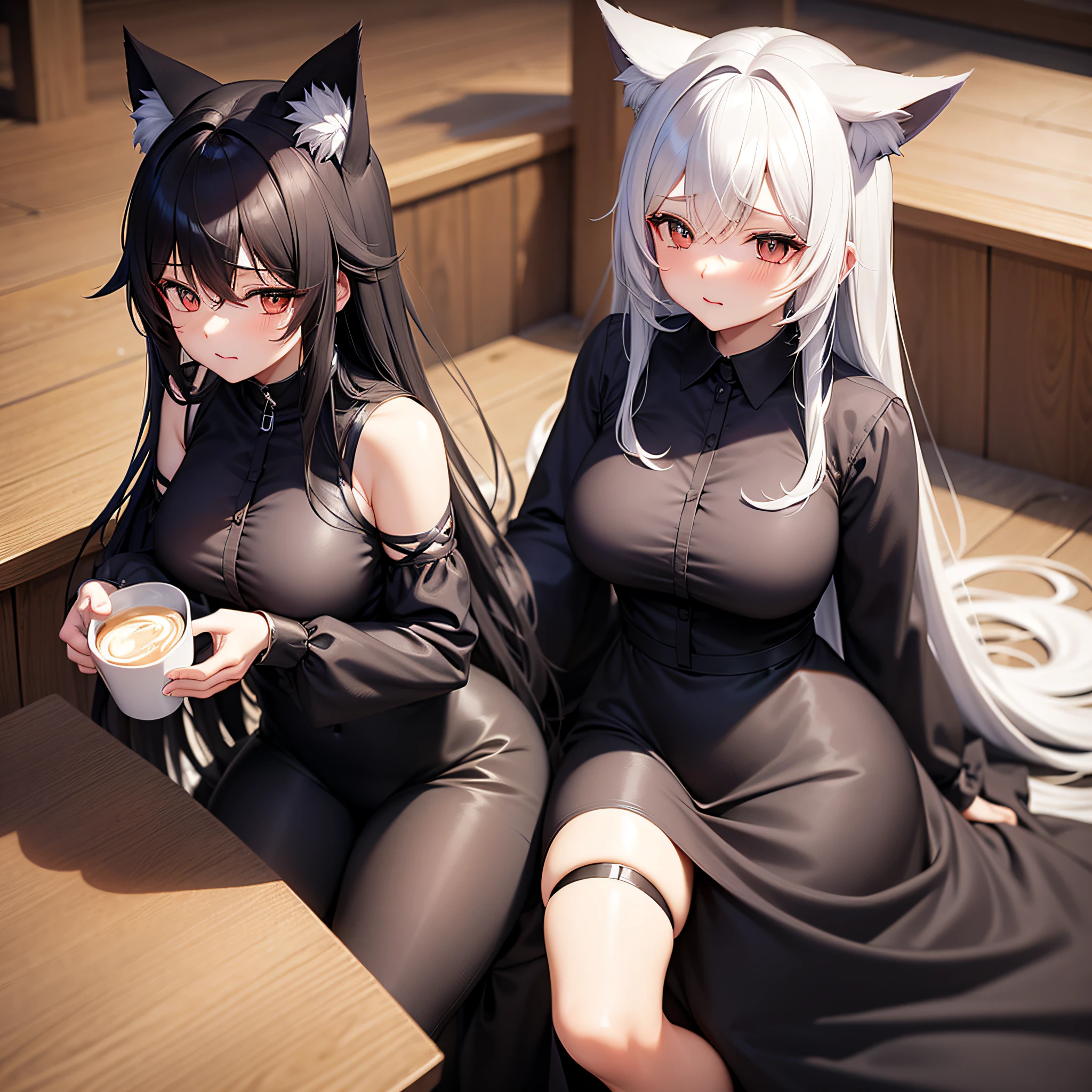 an anime heaviness with wolf orehas dark sinza hair sleeping costume having a coffee cneca