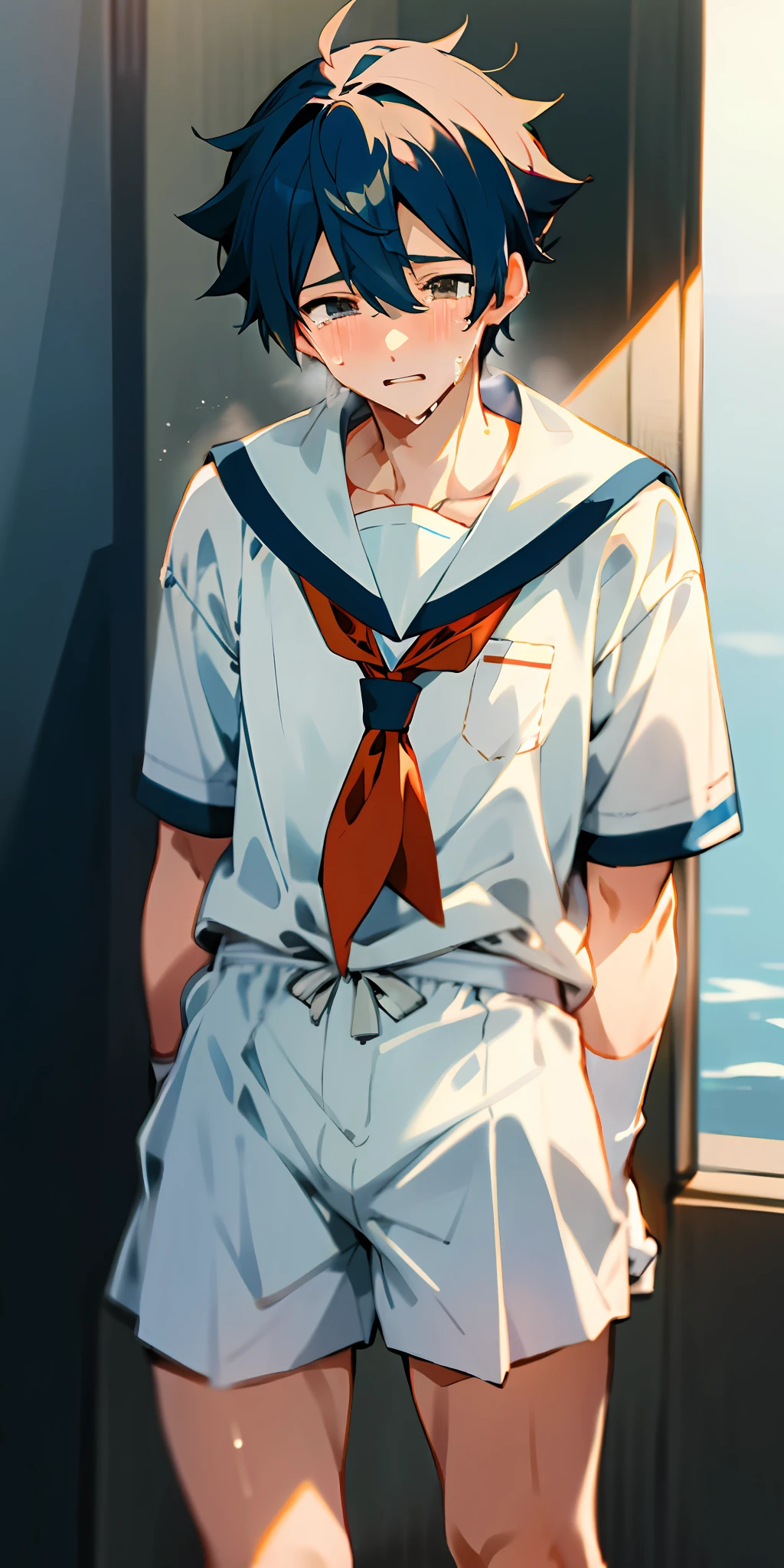 Handsome guy in white socks is crying, ager, sunny handsome, anime male protagonist, male high school student, white socks, sailor uniform, sports shorts, full body photo