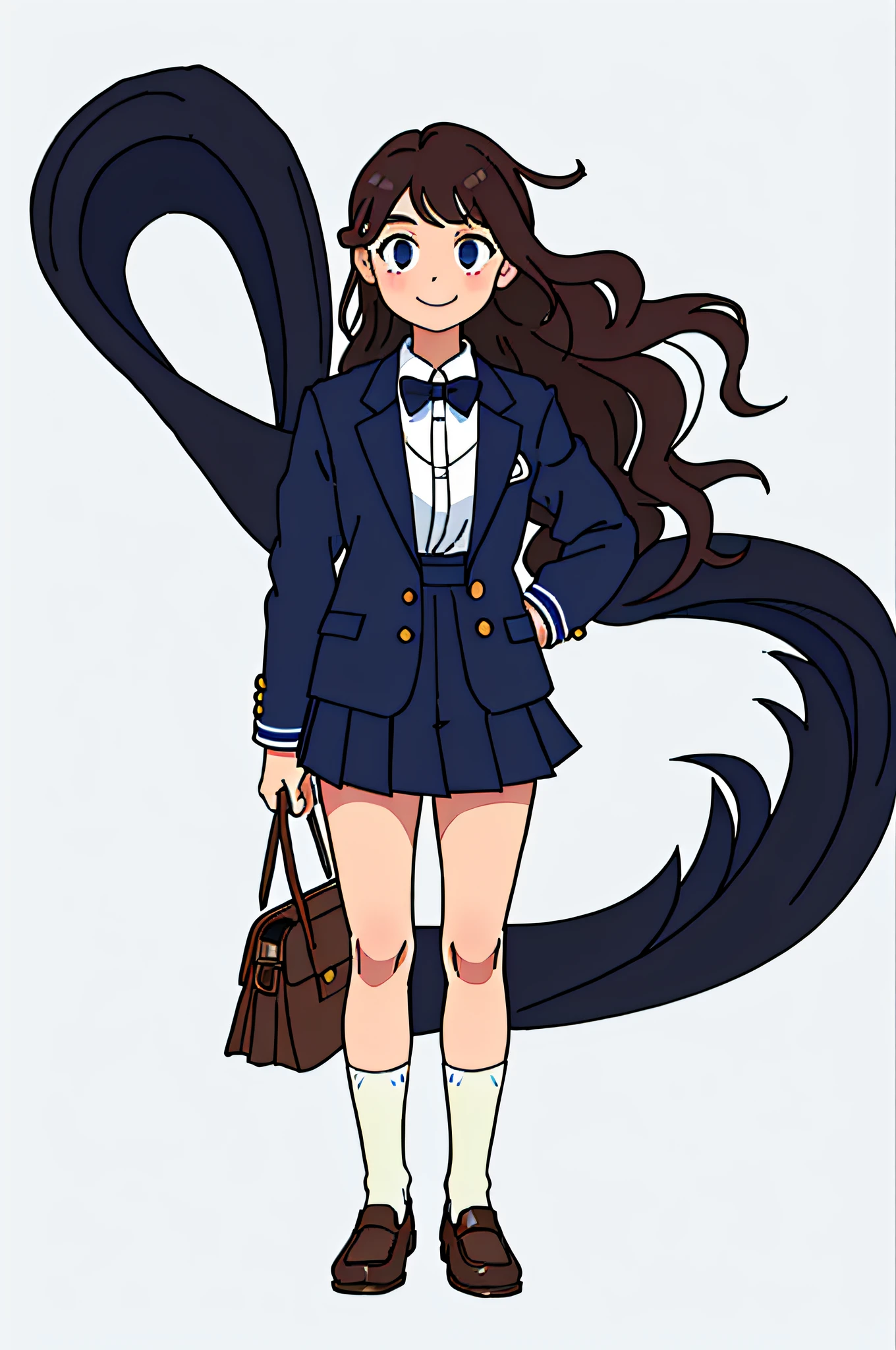 Masterpiece, face detail, schoolgirl, bag, full body, (((background pure white)), 18 years old, modern, navy blue pleated skirt, navy blue blazer, smile, cute, brown hair, long hair, wavy hair, no background required, (((upright)), horizontal angle, uniform, black loafers, white socks