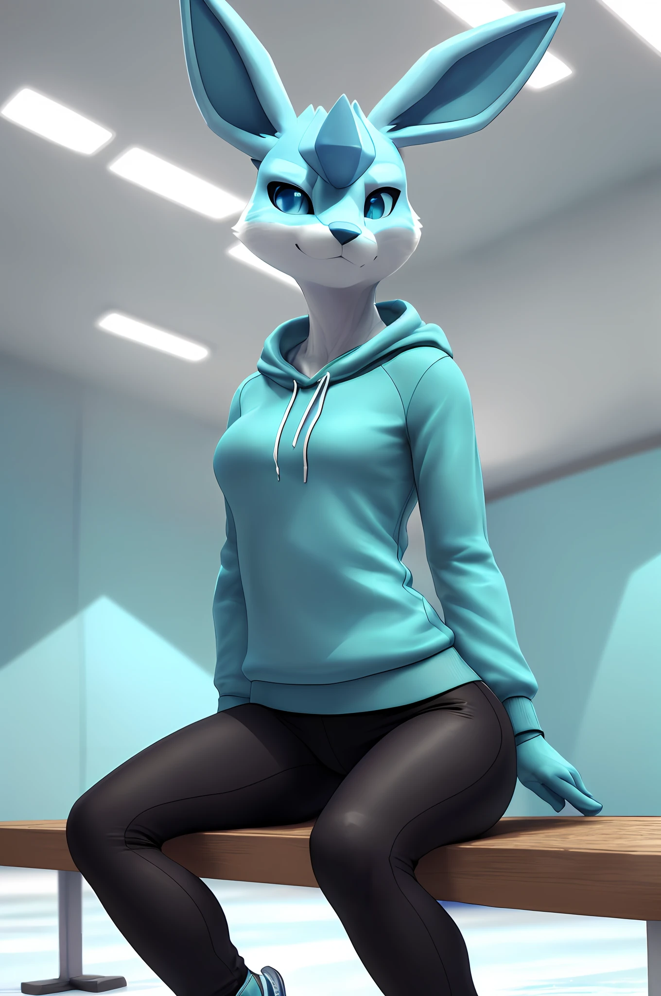 [glaceon], [Uploaded to e621.net; (Pixelsketcher), (napalm_express), (twistedterra)], ((masterpiece)), ((solo portrait)), ((furry; anthro)), ((raytracing)), ((detailed shading)), ((beautiful 3D art)), {anthro; (light blue fur, blue nose, pointed), big blue eyes, (smug smile; thin eyebrows), (turquoise sweatshirt, small boobs, black yoga pants, blue gloves), (ice skating shoes}, ((sitting on bench), attractive pose), [background; open room; (ice skating rink, (daytime, detailed ice)]