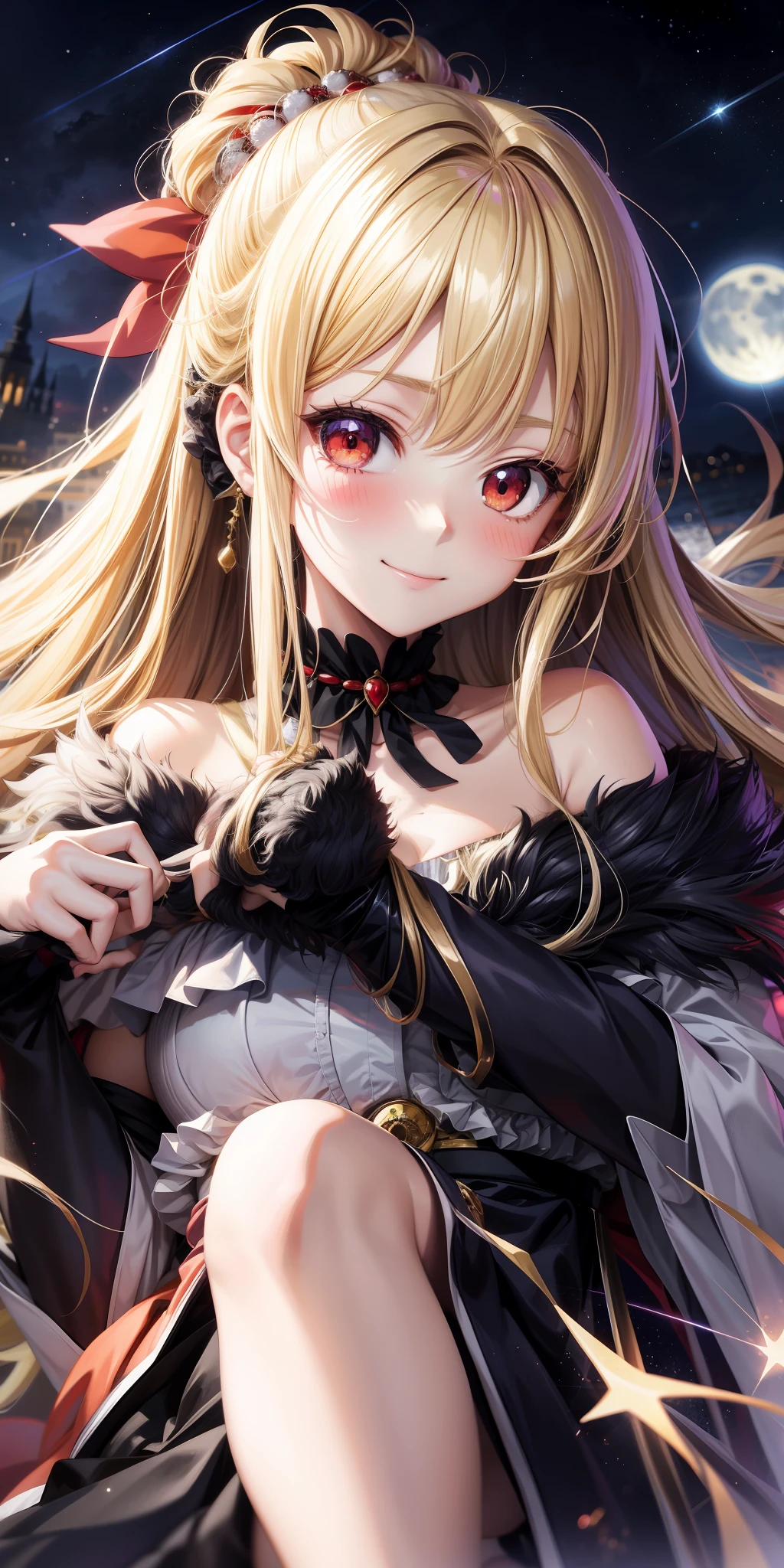 anime, girl single, fluffy blonde, red eyes, blush, little smile, moon, night, lightning, wizard, off-the-shoulder, one piece