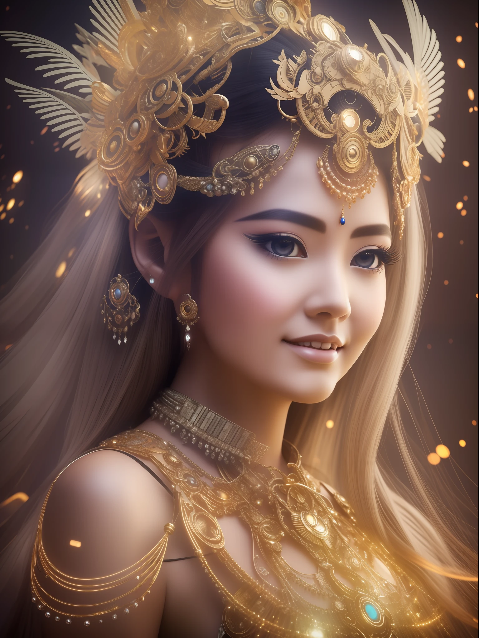 Intricately realistic digital art painting, A breathtaking image portraying Dewi Anjani, a mythical Indonesian goddess, wears mecha robotic costume beauty, depicting her adorned in modern vibes. The image showcases her serene expression, radiant eyes, and flowing hair. creating a sense of otherworldliness. Dinamic pose, 
Lighting: Soft and ethereal light, creating a dreamy atmosphere with shadows, dreamcore, extremely detailed