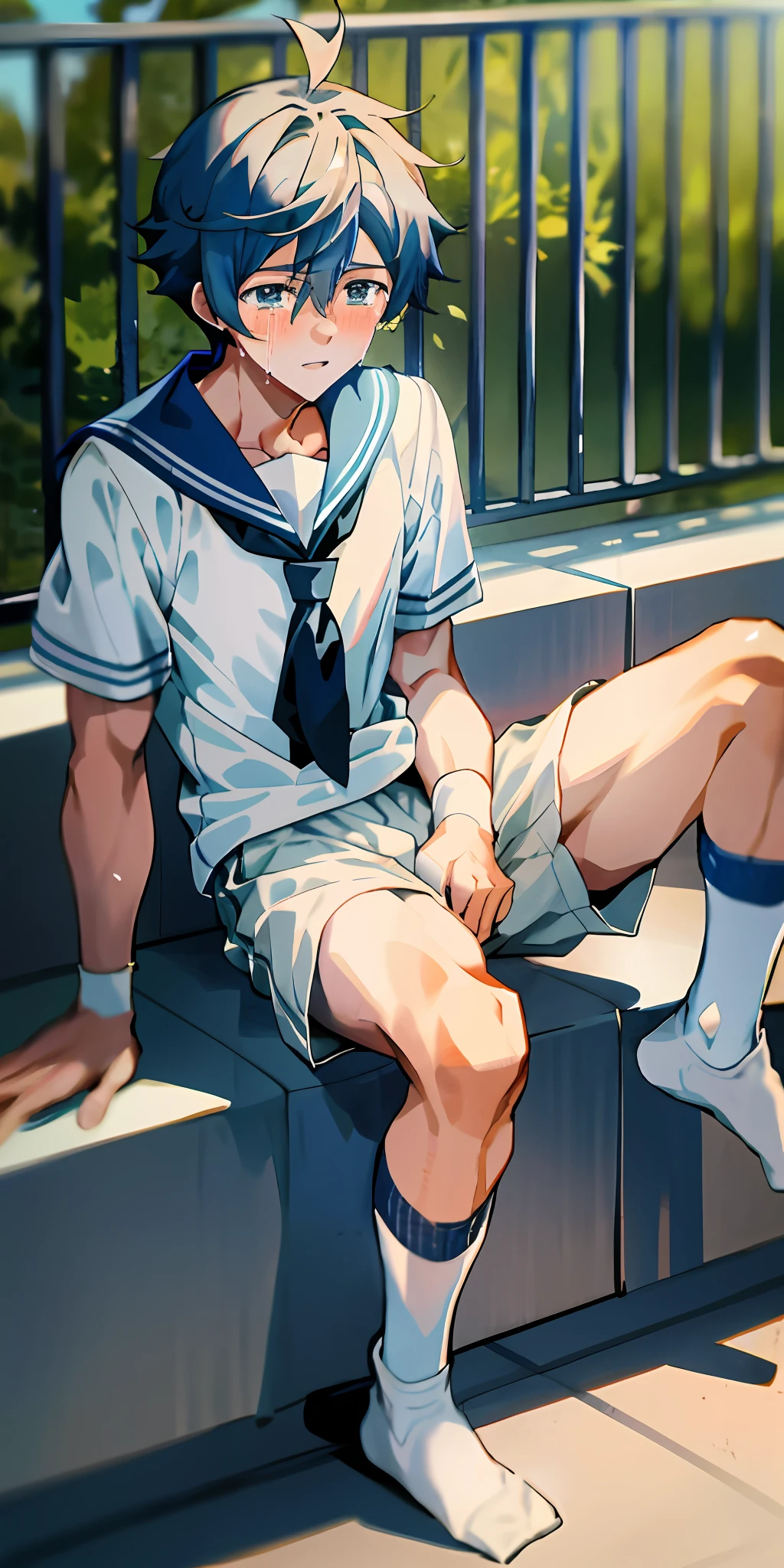 Handsome guy in white socks is crying, abs boy, sunny handsome, anime male protagonist, male high school student, white socks, sailor uniform, sports shorts, full body photo