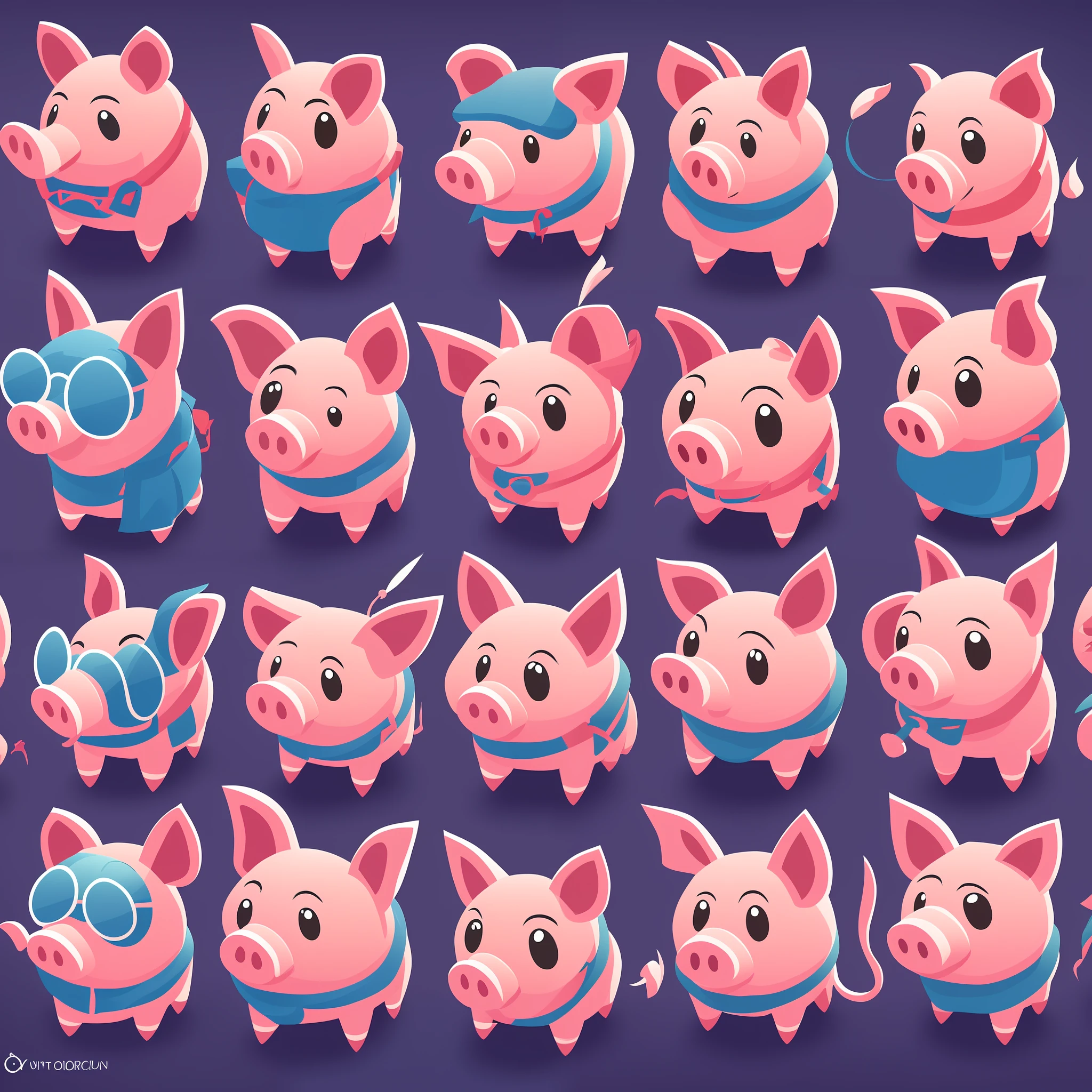 a close up of a bunch of pig characters with different expressions, pigs, pig pig pig, pig, game character design, psd spritesheet, game concept art sprite sheet, cute detailed digital art, isometric game asset, game asset, set of high quality hd sprites, 2d game asset, high quality character design, robotic pig, cartoon concept art --auto --s2