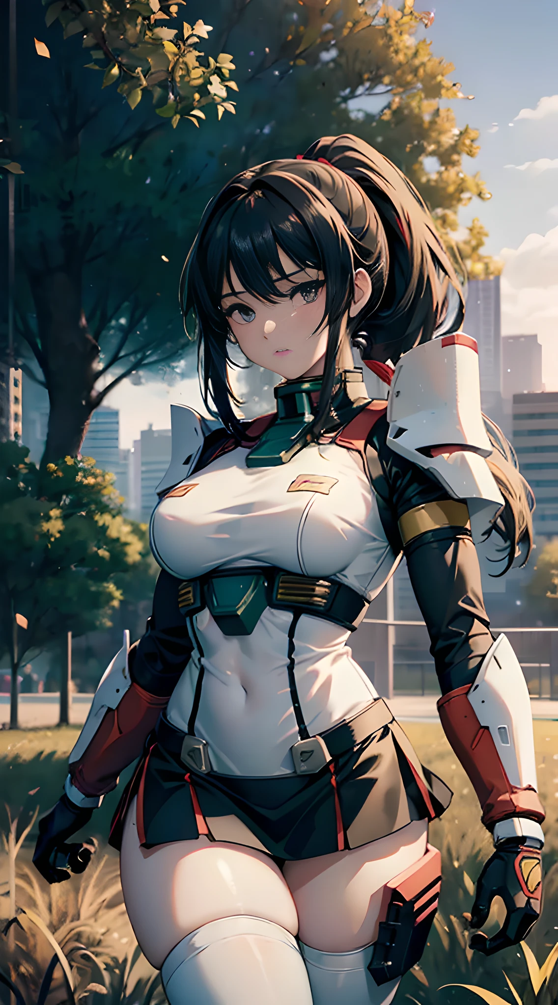 NSFW, gundam\(rx78\), ultra high res, best quality, photo, 4k, (photorealistic:1.4), 1girl, solo, (full body:1.1), twin ponytail, black hair, beautiful face, beautiful eyes, outside in the park with lake, running, mecha armor, depth of field, motion lines, short skirt, tight shirt