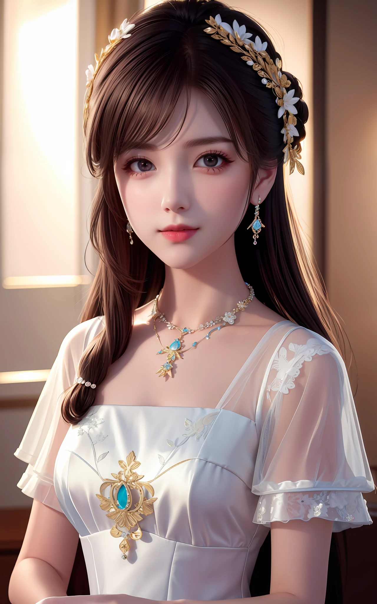 Best Quality, Masterpiece, High Resolution, 1girl, Porcelain Dress, Hair Accessories, Necklace, Jewelry, Beautiful Face, Physically, Tyndall Effect, Realistic, Dark Studio, Rim Lighting, Duotone Lighting, (High Detail Skin : 1.2), 8k uhd, dslr, soft light, high quality, volume light, candid, photo, high resolution, 4k, 8k, bokeh