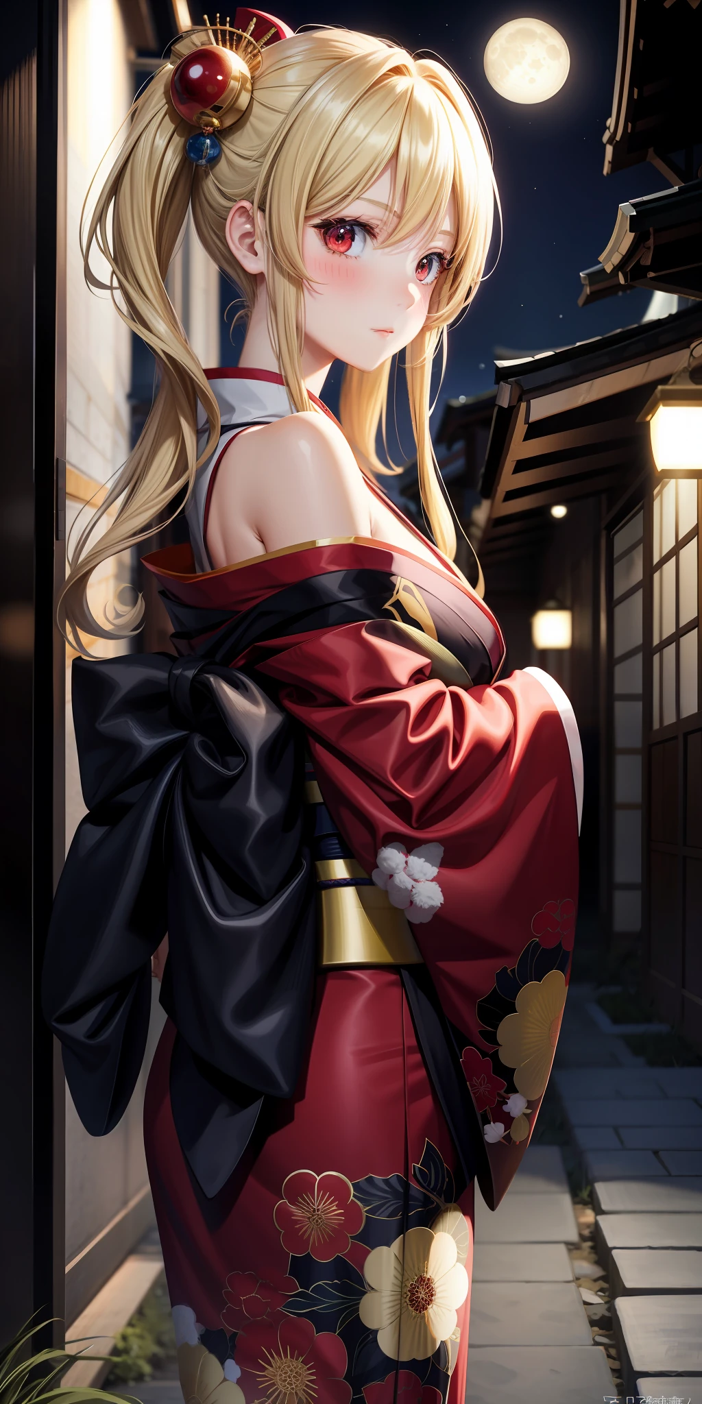 anime, girl 1 person, blonde, red eyes, kamimeki, blush, kyoto, moon, kimono, off-the-shoulder