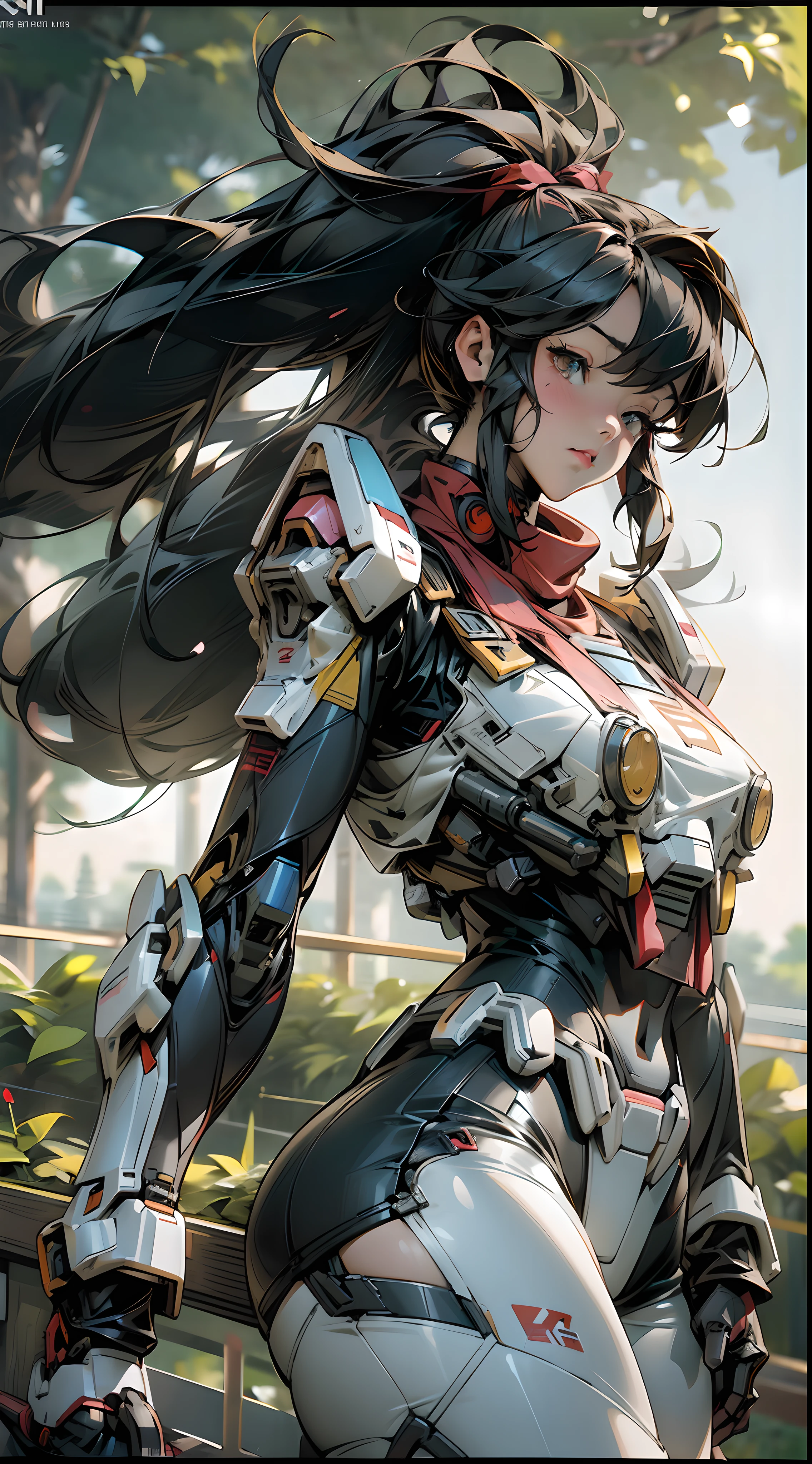 NSFW, gundam\(rx78\), ultra high res, best quality, photo, 4k, (photorealistic:1.4), 1girl, solo, (full body:1.1), twin ponytail, black hair, beautiful face, beautiful eyes, outside in the park with lake, running, mecha armor, depth of field, motion lines, short skirt, tight shirt