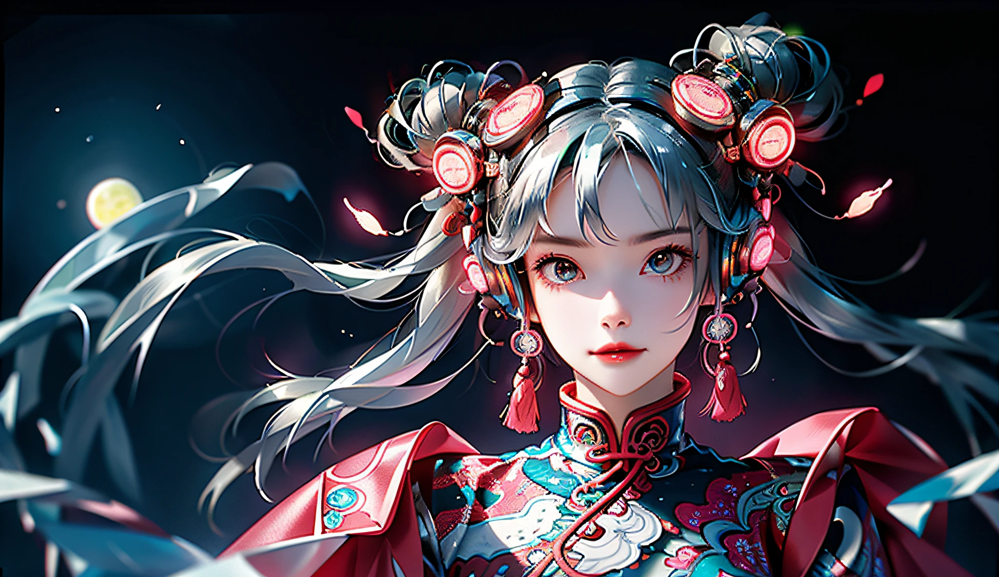 1 girl, Chinese_clothes, liquid silver and pink, cyberhan, cheongsam, cyberpunk city, dynamic pose, glowing headphones, glowing hair accessories, long hair, glowing earrings, glowing necklace, cyberpunk, high-tech city, full of mechanical and futuristic elements, futuristic, technology, glowing neon, pink, pink light, transparent tulle, transparent streamers, laser, digital background urban sky, big moon, with vehicles, best quality, masterpiece, 8K, character edge light, Super high detail, high quality, the most beautiful woman in human beings, smiling slightly, face facing front and left and right symmetry, ear decoration, beautiful pupil light effects, visual data, silver-white hair, hair is not messy, long hair over the waist, luminous electronic watch, deep eyes, happy, English doodling
