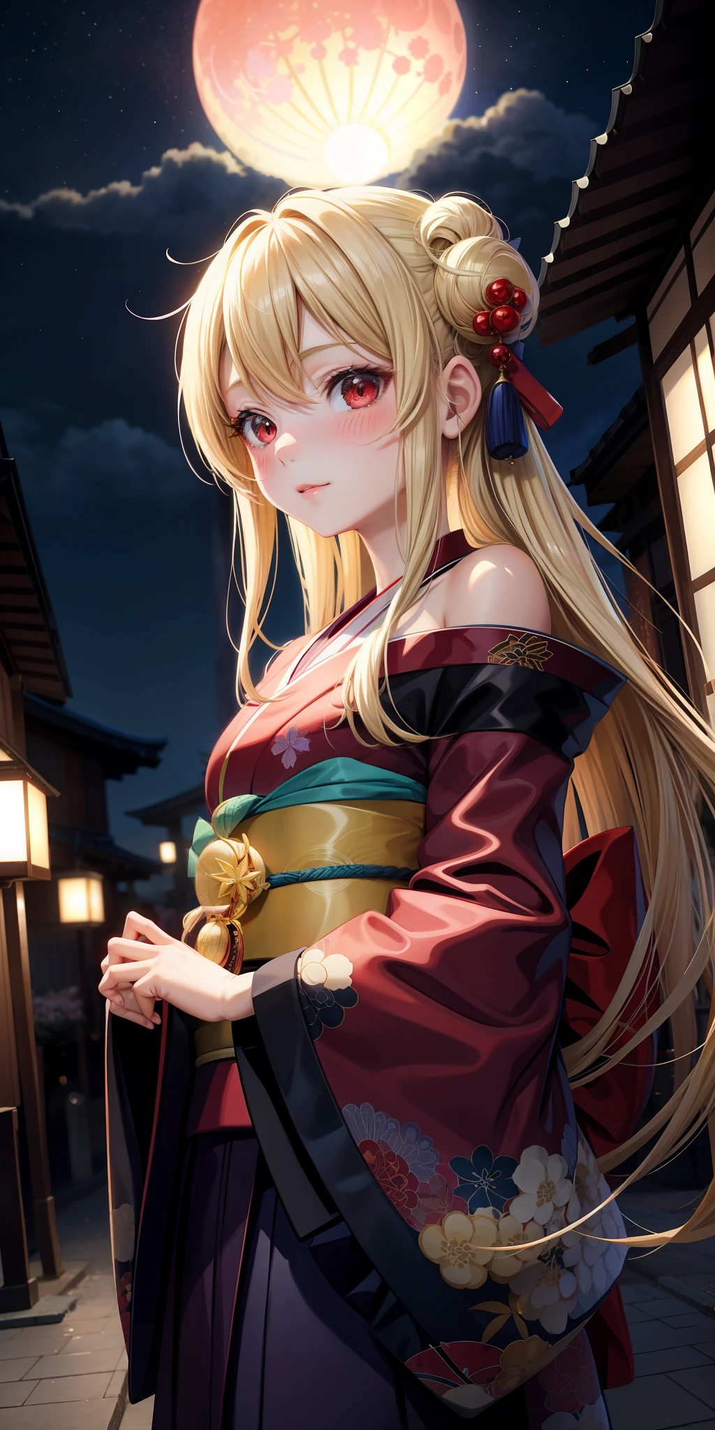 anime, girl 1 person, blonde, red eyes, kamimeki, blush, kyoto, moon, kimono, off-the-shoulder