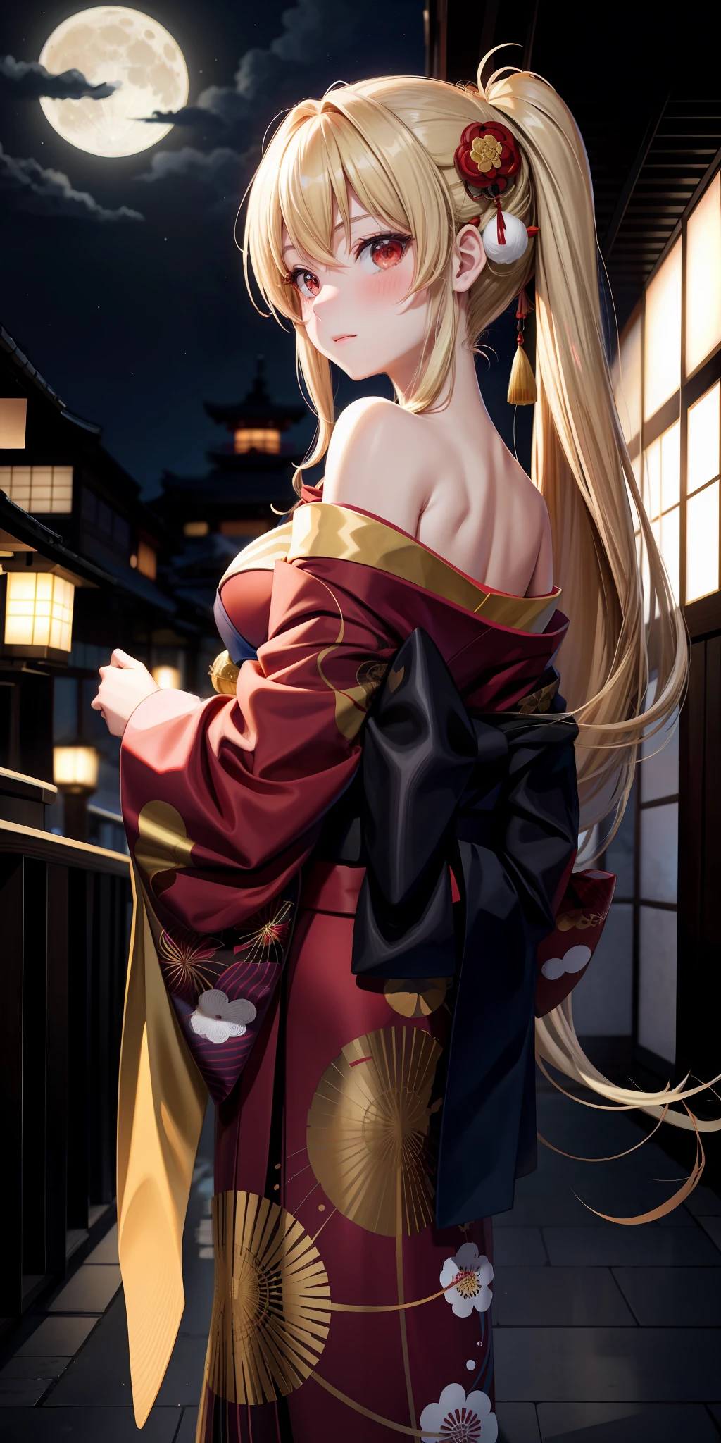 anime, girl 1 person, blonde, red eyes, kamimeki, blush, kyoto, moon, kimono, off-the-shoulder