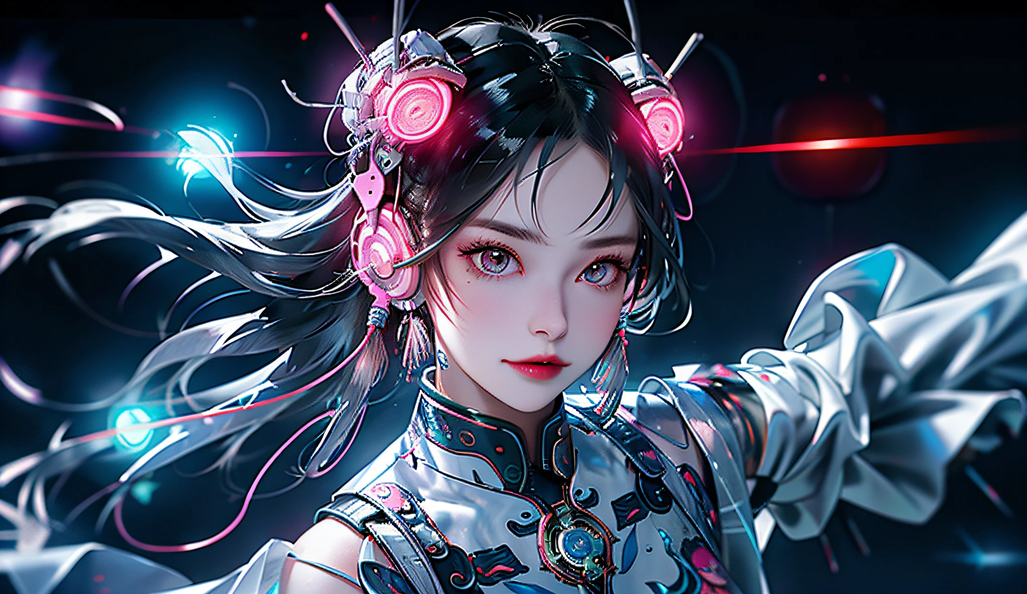 1 girl, Chinese_clothes, liquid silver and pink, cyberhan, cheongsam, cyberpunk city, dynamic pose, glowing headphones, glowing hair accessories, long hair, glowing earrings, glowing necklace, cyberpunk, high-tech city, full of mechanical and futuristic elements, futuristic, technology, glowing neon, pink, pink light, transparent tulle, transparent streamers, laser, digital background urban sky, big moon, with vehicles, best quality, masterpiece, 8K, character edge light, Super high detail, high quality, the most beautiful woman in human beings, smiling slightly, face facing front and left and right symmetry, ear decoration, beautiful pupil light effects, visual data, silver-white hair, hair is not messy, long hair over the waist, luminous electronic watch, deep eyes, happy, English doodling