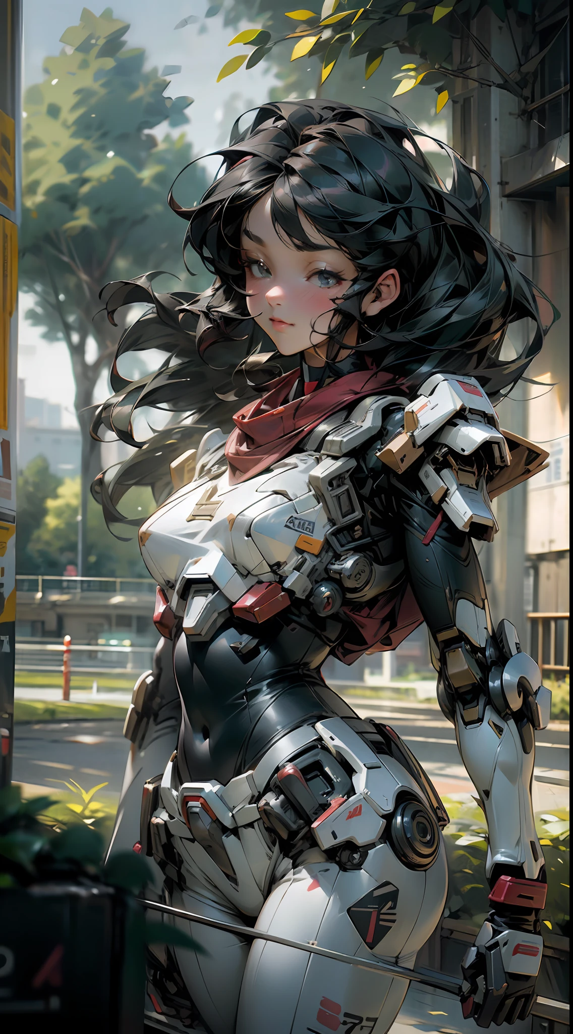 NSFW, gundam\(rx78\), ultra high res, best quality, photo, 4k, (photorealistic:1.4), 1girl, solo, (full body:1.1),long hair, black hair, beautiful face, beautiful eyes, outside in the park with lake, running, mecha armor, depth of field, motion lines, short skirt, tight shirt