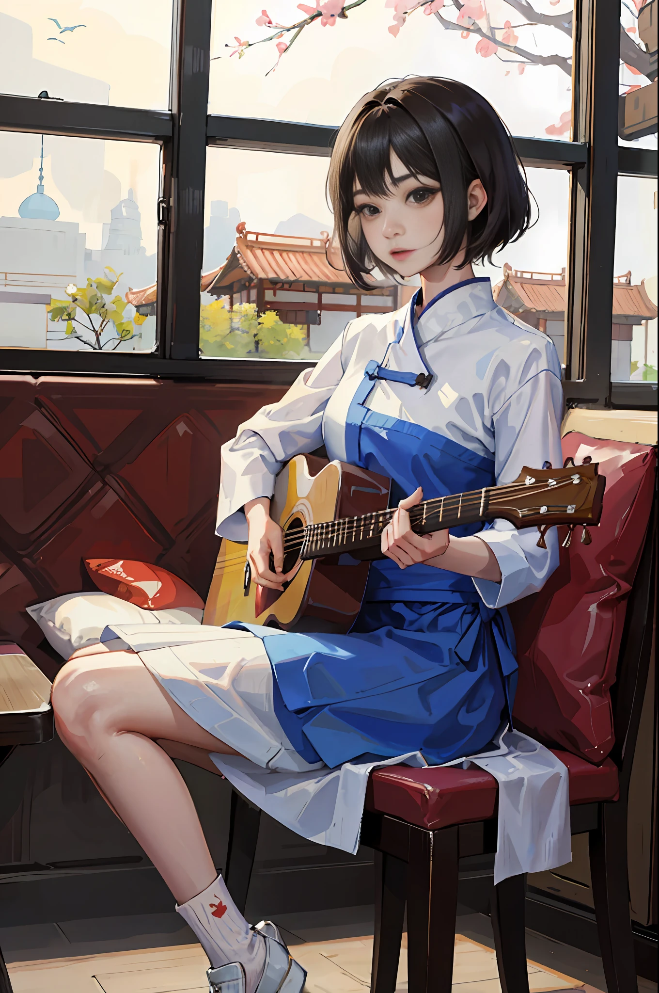 araffe asian woman sitting in a restaurant with a guitar, with short hair, 19-year-old girl, ulzzang, korean girl, young cute wan asian face, 🤤 girl portrait, young and cute girl, with round face, south east asian with round face, girl cute-fine-face, xintong chen, gorgeous young korean woman