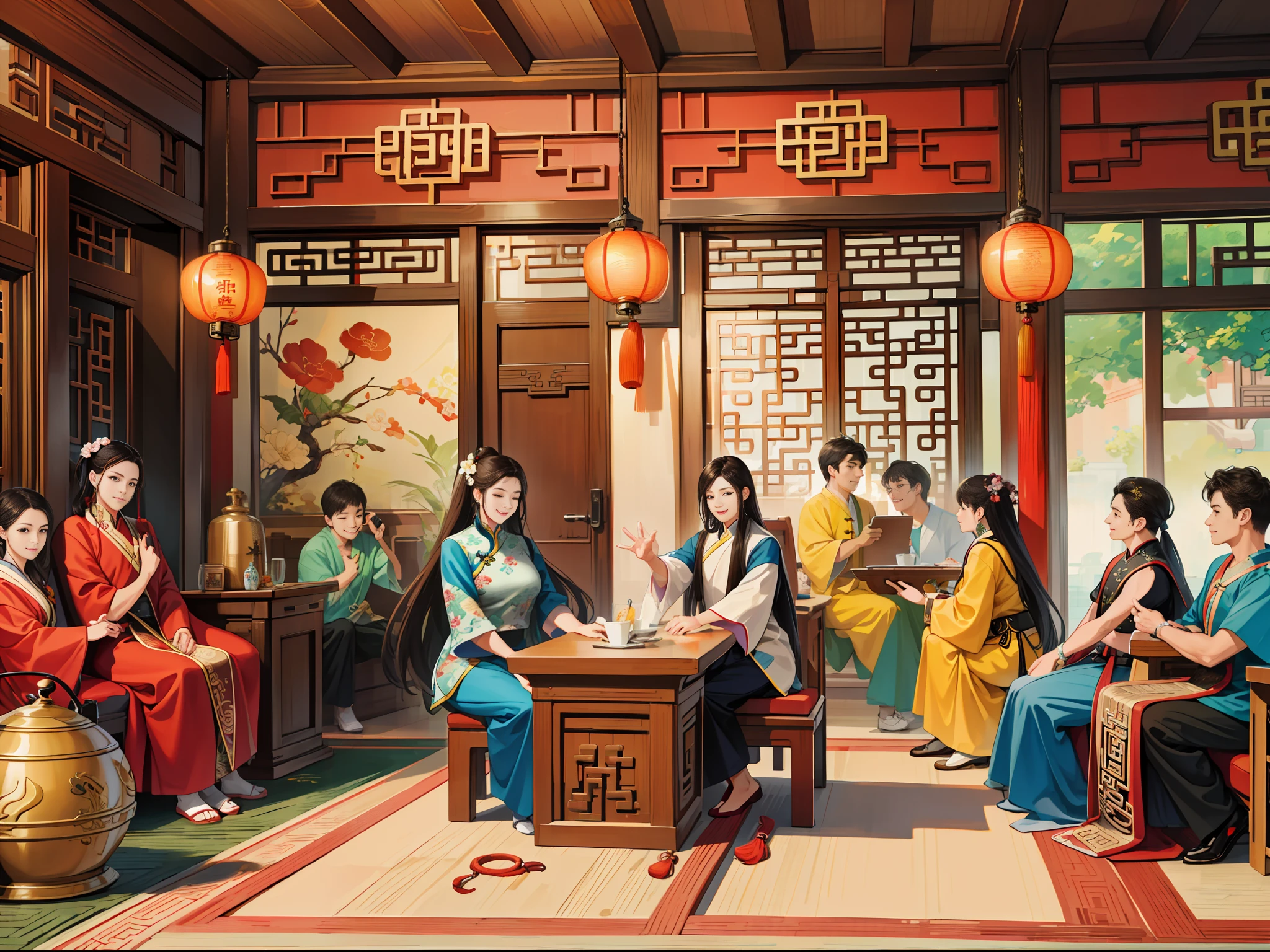 (absurd, high resolution, super detailed, realistic,), several people gathered, happy, men, women room, ancient Chinese style, HD photos.