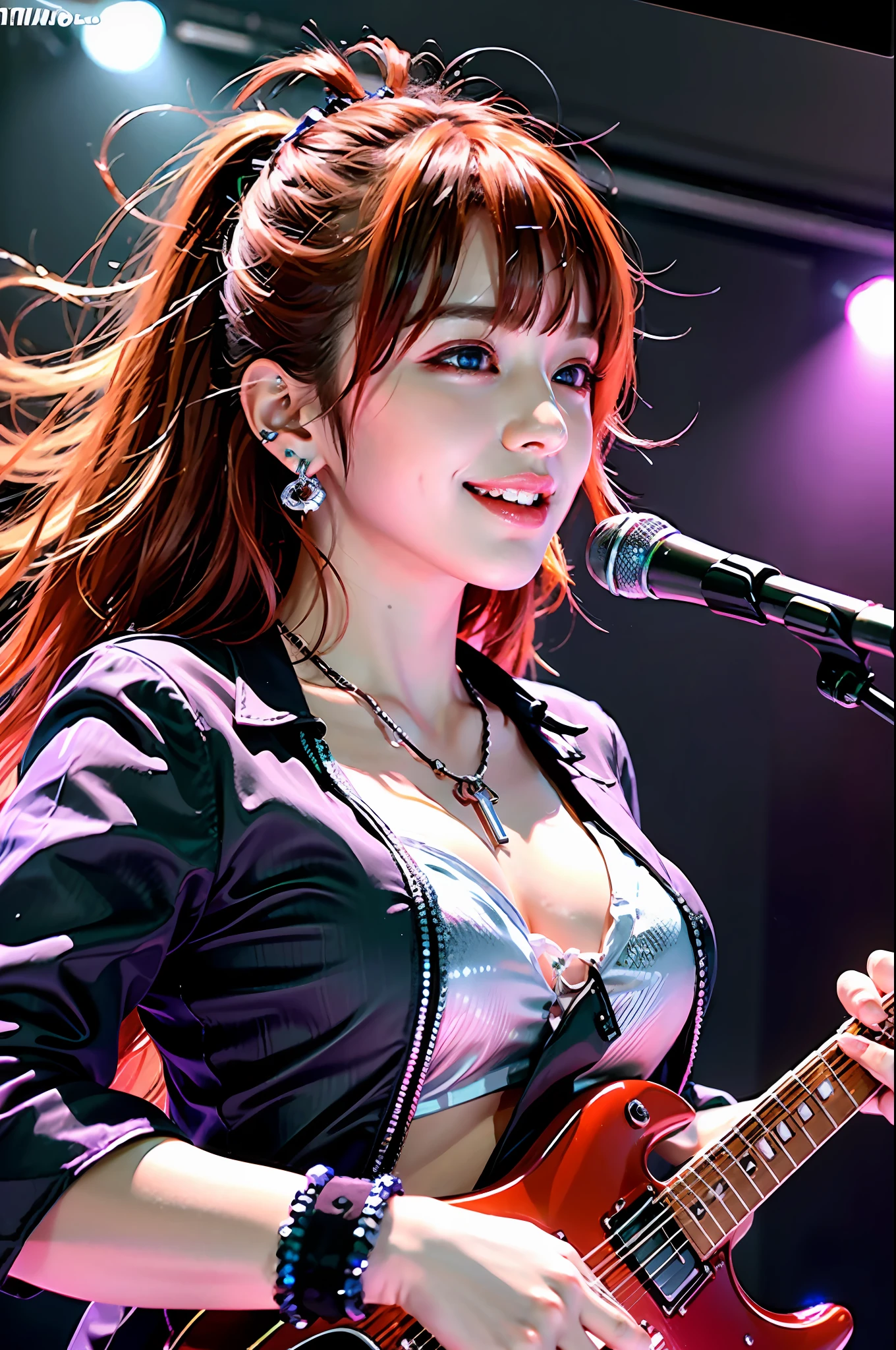 Top quality, masterpiece, ultra high definition, (photorealistic: 1.4), raw photo, cowboy shot, attractive smiling girl playing electric guitar on live stage, (dynamic paw), red gradient hair, asymmetrical bangs, cross pendant necklace, earrings, white punk rock costume, colorful live lighting, neon lights