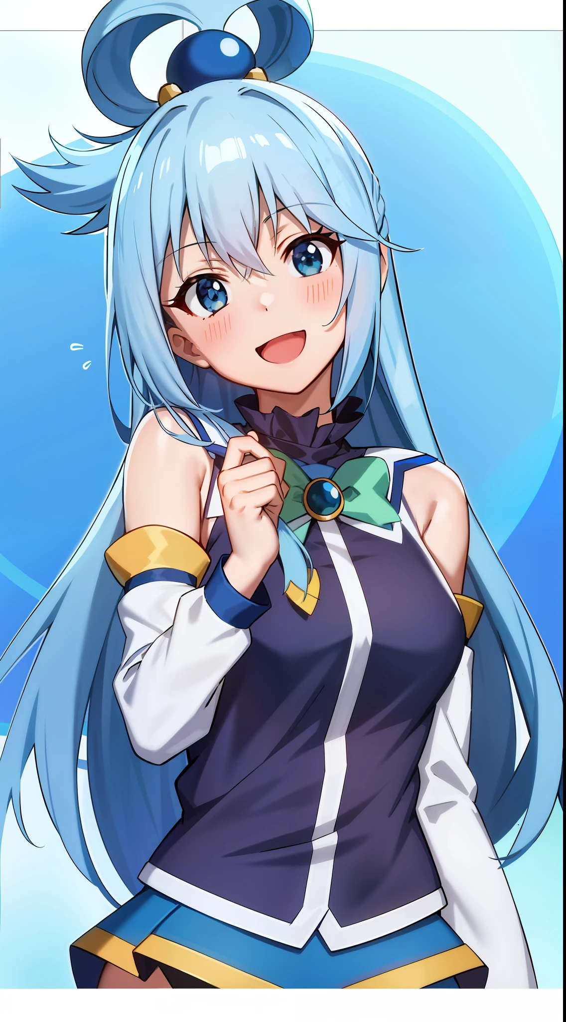 ,anime screencap,anime coloring,
1girl, long hair, solo,open mouth,smile,upper body,head tilt, blue hair, blue eyes, detached sleeves, black background, hair ornament,simple background, bare shoulders, single hair ring,green bow, looking at viewer, blue shirt,