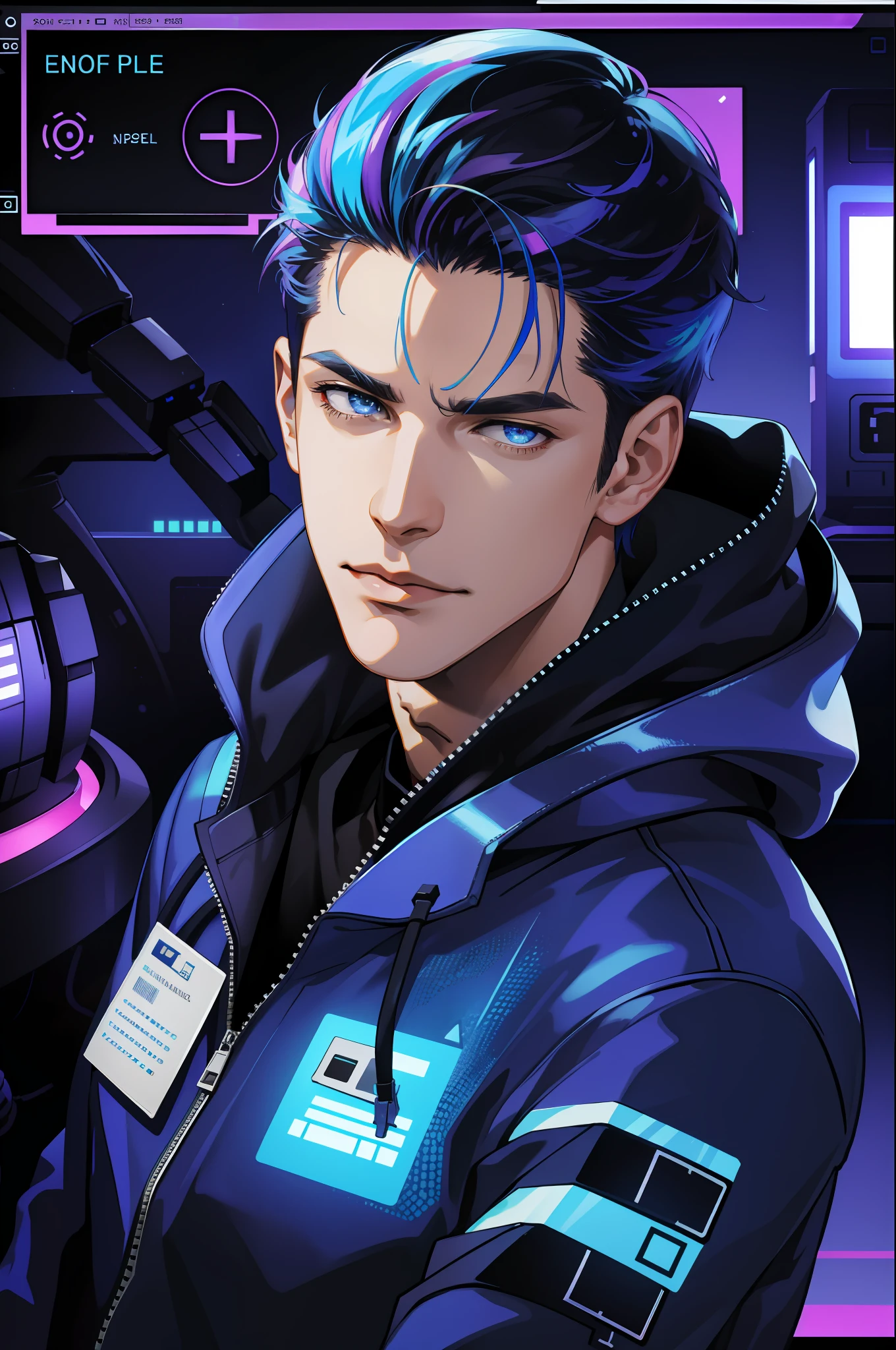 (absurdres, highres, ultra detailed), 1 male, mature, manly, tall muscular, handsome, finely detailed eyes, intricate details, portrait, looking at viewer, solo, half shot, detailed background, detailed face, (1980s synthwave theme:1.1) high-tech futuristic hacker, smirk, advanced technology, hoodie, techwear, wearable device, keycard, cables, (holographic display:1.05), computer, password, control panel in background, blue lights, dark sinister atmosphere, shadows,