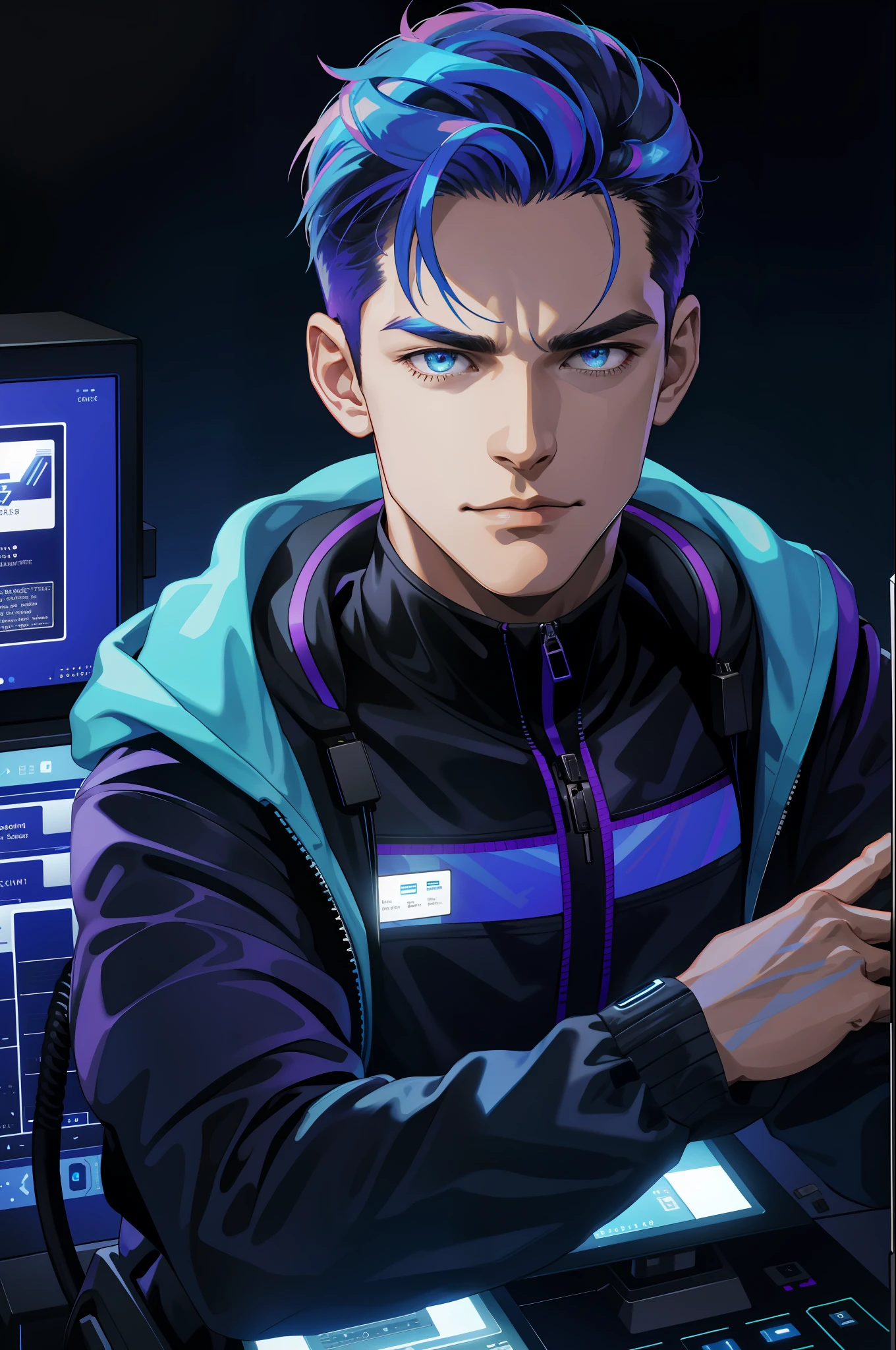 (absurdres, highres, ultra detailed), 1 male, mature, manly, tall muscular, handsome, finely detailed eyes, intricate details, portrait, looking at viewer, solo, half shot, detailed background, detailed face, (1980s synthwave theme:1.1) high-tech futuristic hacker, smirk, advanced technology, hoodie, techwear, wearable device, keycard, cables, (holographic display:1.05), computer, password, control panel in background, blue lights, dark sinister atmosphere, shadows,