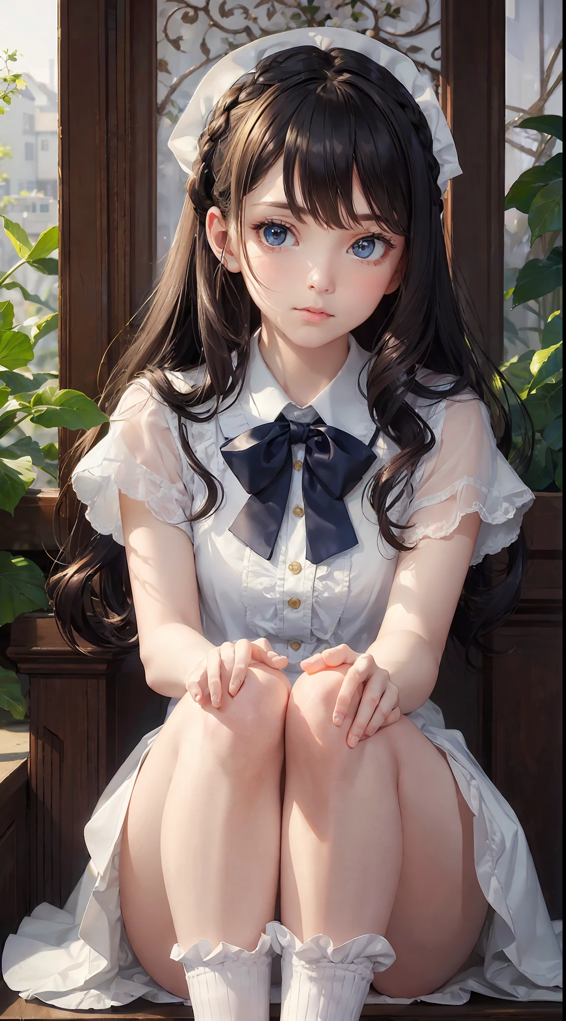 ((Bright garden porch background)), (lo-fi), (soft focus), High Definition, Masterpiece, High Definition, High Definition, 4K, Ultra High Definition, Ultra realistic shadows, Ultra realistic, Dramatic lighting, One Girl, Solo, Detailed Face, Realistic Eyes, Realistic Skin, Dynamic Hair, Dynamic Pose, Dynamic Angle, (White Blouse), (Dark blue bow tie), ( Dark blue long skirt))), ((White short ankle-length socks with folded edges))), white background, (Raw photo: 1.2), (Photorealistic: 1.4), Beautiful detailed girl, Very detailed eyes and face, Beautiful detailed eyes, Huge file size, super detailed, high resolution, very detailed, highest quality, (bright indoors), (soft light), (low contrast), ( shallow depth of field), (portrait of a beautiful woman illuminated by gentle light), (very delicate and elegant depiction), (short length bangs), (hair color is dark chestnut with a slight brown tone), (hair with subtle and gentle waves), (small braid intricately woven on the sides of long hair), ((white short ankle-length socks with folded edges))), illustration, very detailed, CG, unification, 8k wallpaper, Amazing, fine details, best quality, highly detailed CG unified 8k wallpaper, face lights, movie lighting, 1 girl, , (((without panties)), (camel toe), (half), (bent knees and legs sitting))