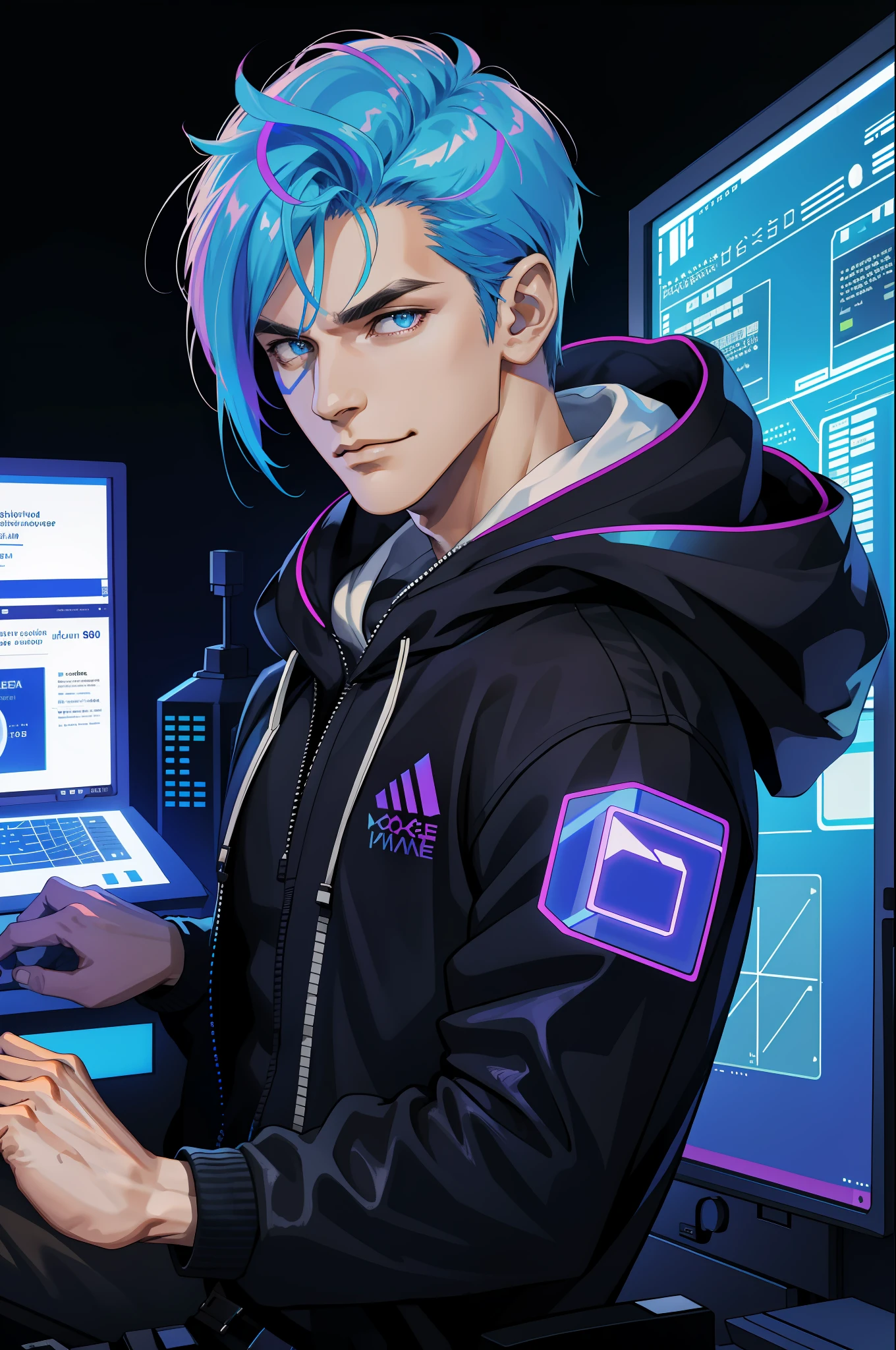 (absurdres, highres, ultra detailed), 1 male, mature, manly, tall muscular, handsome, finely detailed eyes, intricate details, portrait, looking at viewer, solo, half shot, detailed background, detailed face, (1980s synthwave theme:1.1) high-tech futuristic hacker, smirk, advanced technology, hoodie, techwear, wearable device, keycard, cables, (holographic display:1.05), computer, password, control panel in background, blue lights, dark sinister atmosphere, shadows,