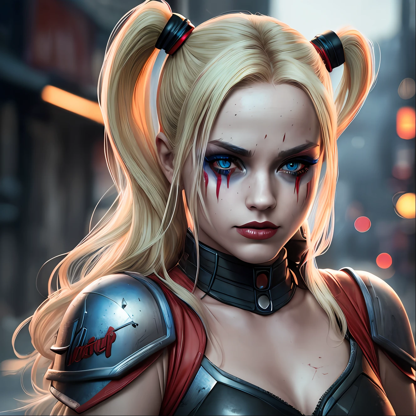 harley quinn, beautiful, blonde, red and blue makeup,full body, eye mask, post apocalyptic scenery, dark, cinematic , (((thin, small)), photorealistic, photo, masterpiece, realistic, realism, photorealism, high contrast, digital art trend photorealistic on Artstation 8k HD high definition detailed realistic, detailed, skin texture, hyperdetailed, realistic skin texture, armor, best quality, ultra high resolution, (photorealistic:  1.4), High resolution, detailed, raw photo, sharp re, by Lee Jeffries Nikon D850 Film Stock Photography 4 camera kodak portra 400 lens f1.6 rich colors hyper realistic texture dramatic lighting irrealengine trend in artstation cinestill 800, --auto --s2