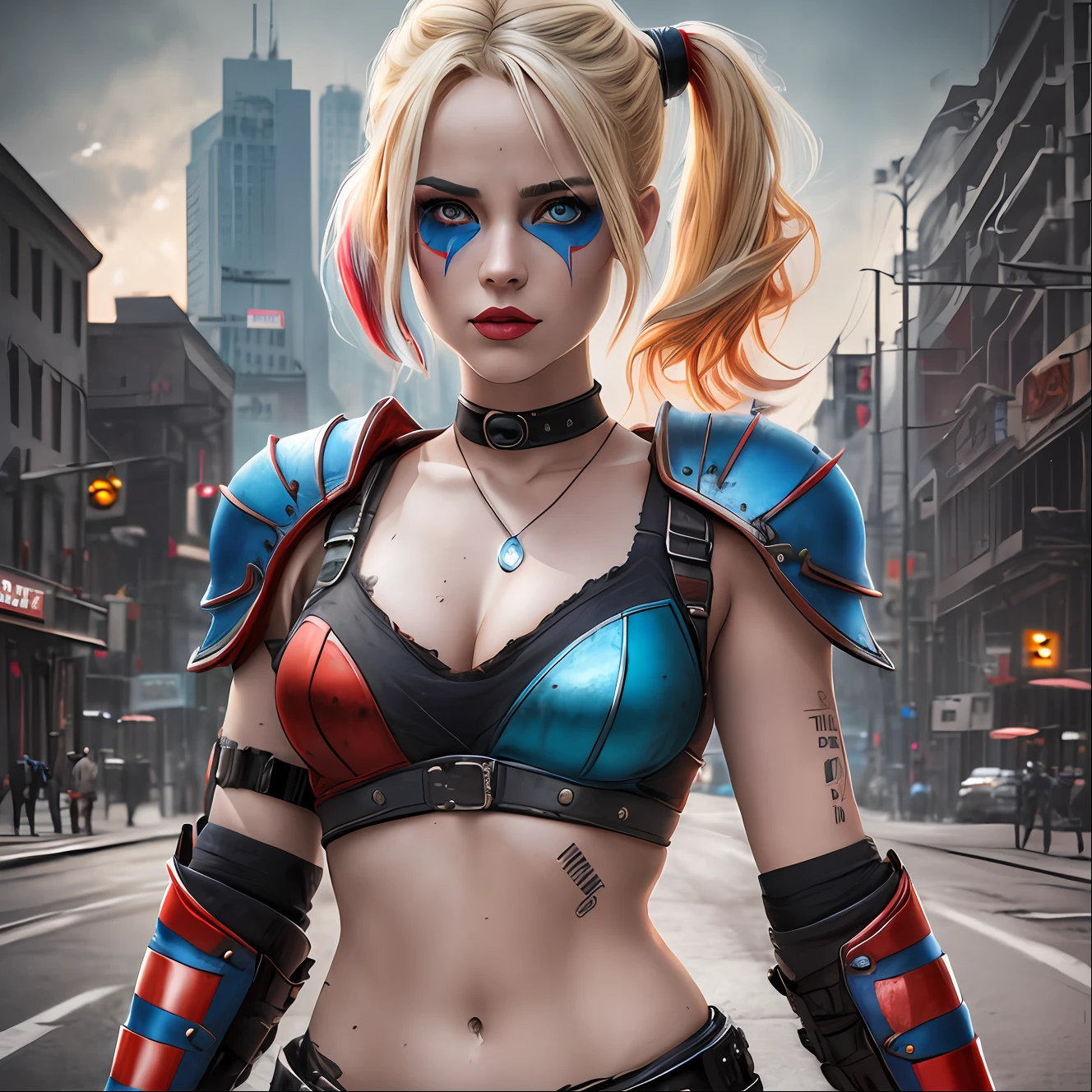 harley quinn, beautiful, blonde, red and blue makeup,full body, eye mask, post apocalyptic scenery, dark, cinematic , (((thin, small)), photorealistic, photo, masterpiece, realistic, realism, photorealism, high contrast, digital art trend photorealistic on Artstation 8k HD high definition detailed realistic, detailed, skin texture, hyperdetailed, realistic skin texture, armor, best quality, ultra high resolution, (photorealistic: 1.4), High resolution, detailed, raw photo, sharp re, by Lee Jeffries Nikon D850 Film Stock Photography 4 camera kodak portra 400 lens f1.6 rich colors hyper realistic texture dramatic lighting irrealengine trend in artstation cinestill 800, --auto --s2