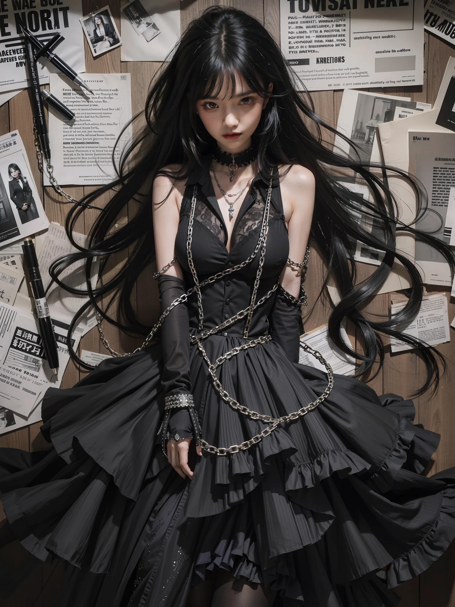 A woman in a gothic black dress, in the style of yuumei, magenta, neck wrapped in steel chains, obvious brushstrokes, clear brushstrokes, story-filled picture, old newspaper stacked paneled background, newspaper elements, pattern, long black hair, galactic eyes, dazzling light, special effects, line drawing, needle pen technique, charcoal brush strokes, clear details, master work
(masterpiece), realistic, HDR, highly detailed, 8k, original photo,
Ambient occlusion, nature, harmonious composition, cool colors, fine art photography,