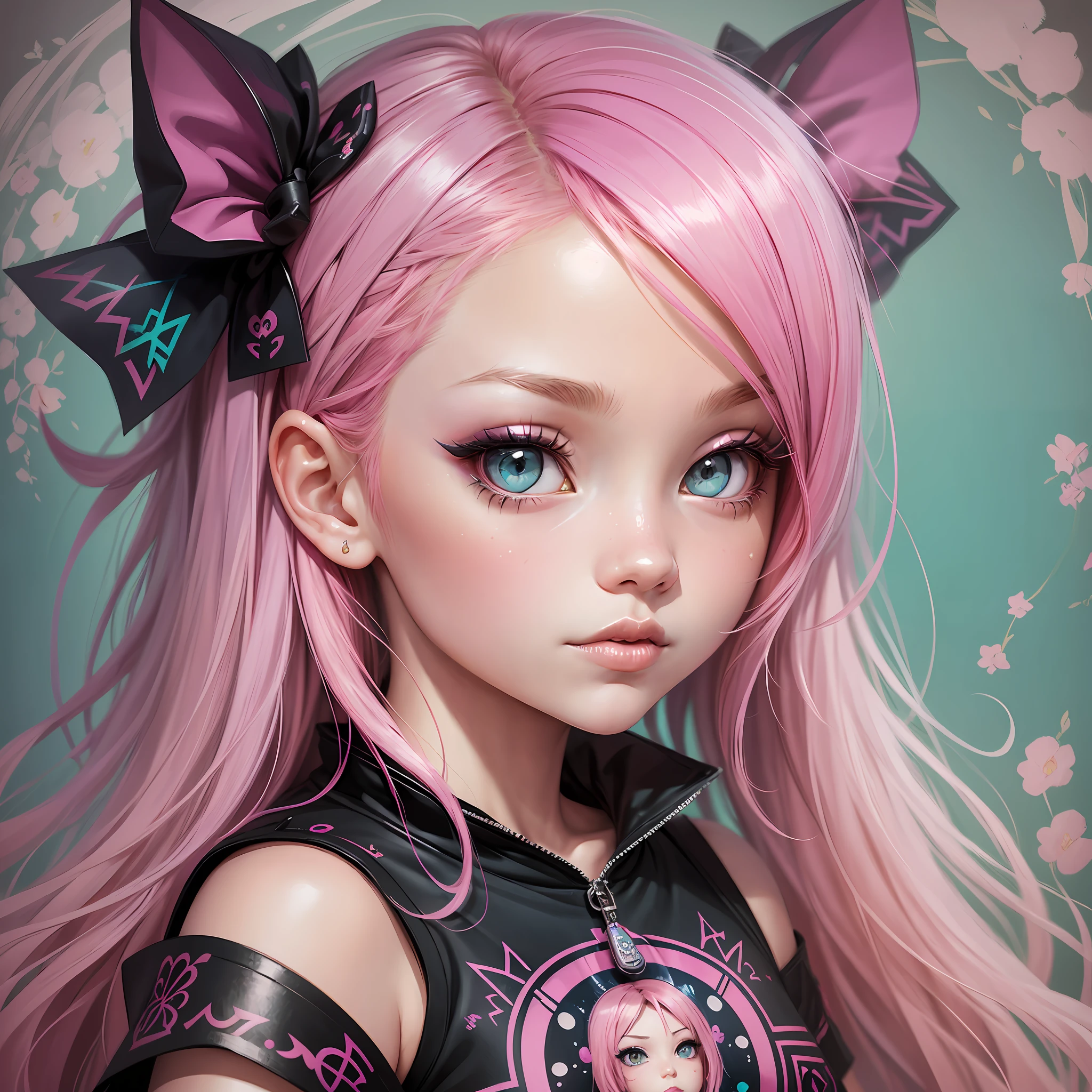 a painting of a girl with pink hair, a character portrait by Jasmine Becket-Griffith, white background, T-shirt designer, centered, trend in deviantart, gothic art, deviantart HD, deviantart, detailed painting --auto --s2