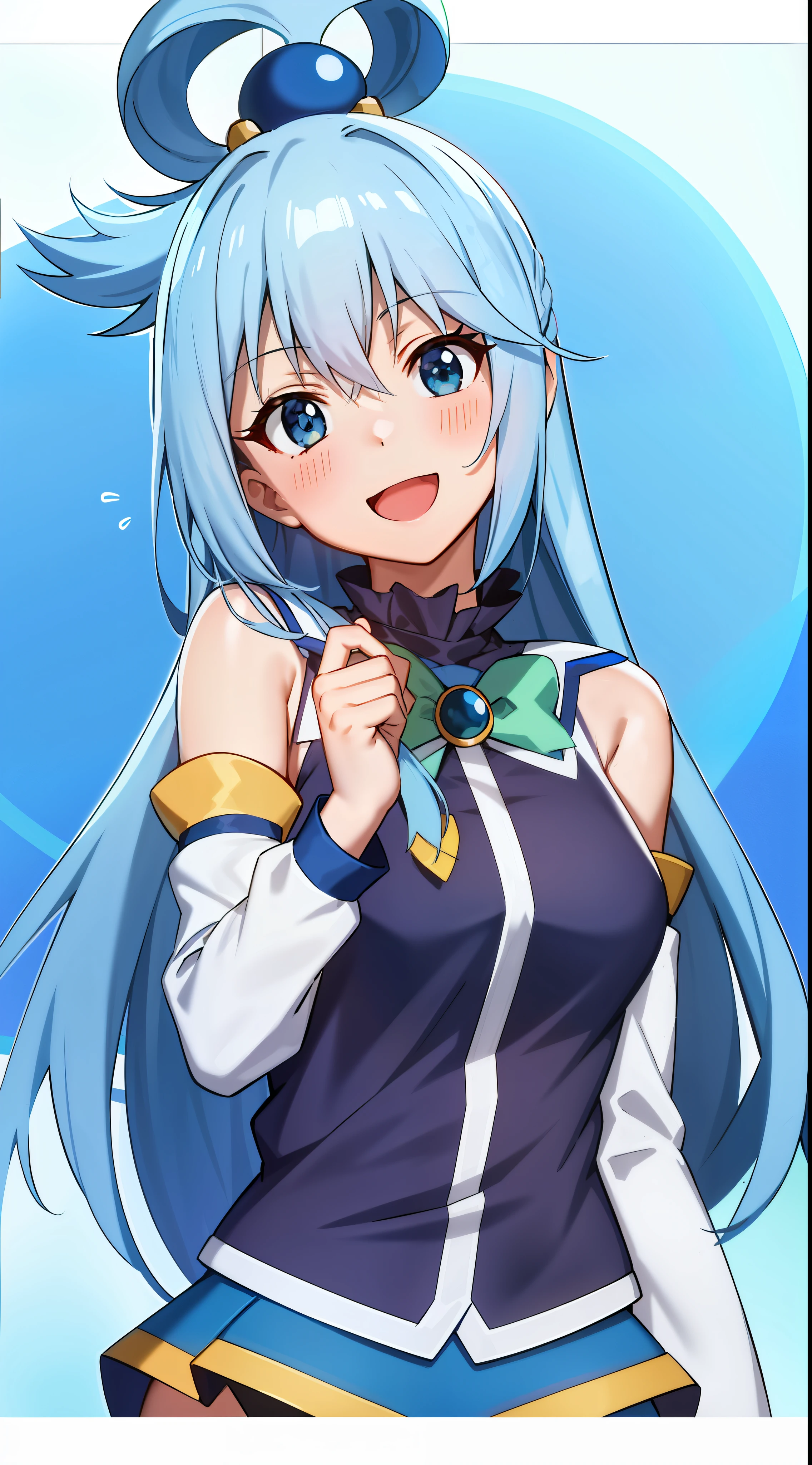 ,anime screencap,anime coloring,
1girl, long hair, solo,open mouth,smile,upper body,head tilt, blue hair, blue eyes, detached sleeves, black background, hair ornament,simple background, bare shoulders, single hair ring,green bow, looking at viewer, blue shirt,