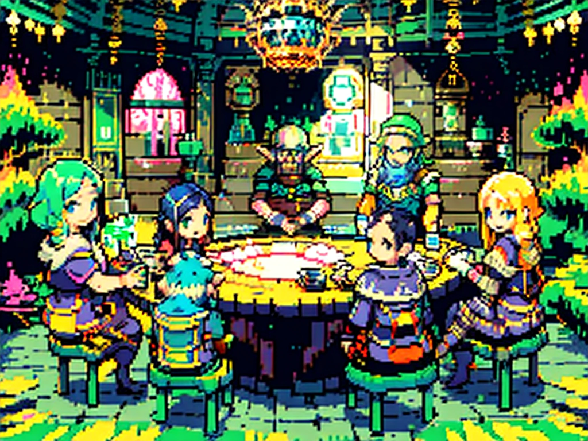 (((pixel art))), pixel style, An otherworldly party,5 people of of 5 different race sit around a round table, they are happy and smile, the table is filled with food likes grilled chicken, salad ,beef ,steak, beer BREAK 5 people are a beautiful blonde elf woman, a short muscle dwarf, a cowboy, a black hair cat girl, and a skeleton BREAK fantasy, otherworldly fantasy, deep fantasy, happy atmosphere, BREAK,Detailed,Realistic,4k highly detailed digital art,octane render, bioluminescent, BREAK 8K resolution concept art, realism,by Mappa studios,masterpiece,best quality,official art,illustration,ligne claire,(cool_color),perfect composition,absurdres, fantasy,focused,rule of thirds
