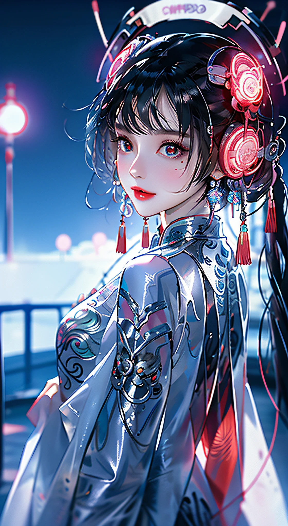 1 girl, Chinese_clothes, liquid silver and pink, cyberhan, cheongsam, cyberpunk city, dynamic pose, glowing headphones, glowing hair accessories, long hair, glowing earrings, glowing necklace, cyberpunk, high-tech city, full of mechanical and futuristic elements, futuristic, technology, glowing neon, pink, pink light, transparent tulle, transparent streamers, laser, digital background urban sky, big moon, with vehicles, best quality, masterpiece, 8K, character edge light, Super high detail, high quality, the most beautiful woman in human beings, smiling slightly, face facing front and left and right symmetry, ear decoration, pupil light effects, visual data, silver white hair