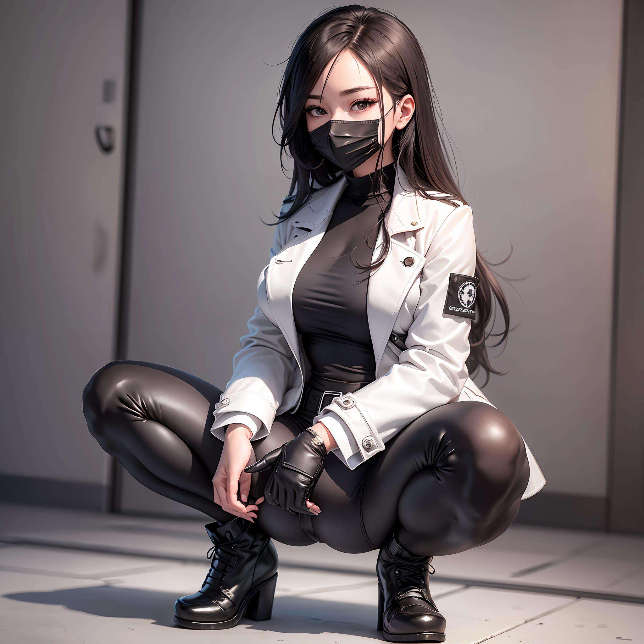 1 busty girl, wearing black C-line pants and white coat, M-shaped legs squatting, front view, no mask, delicate and beautiful facial features --auto --s2