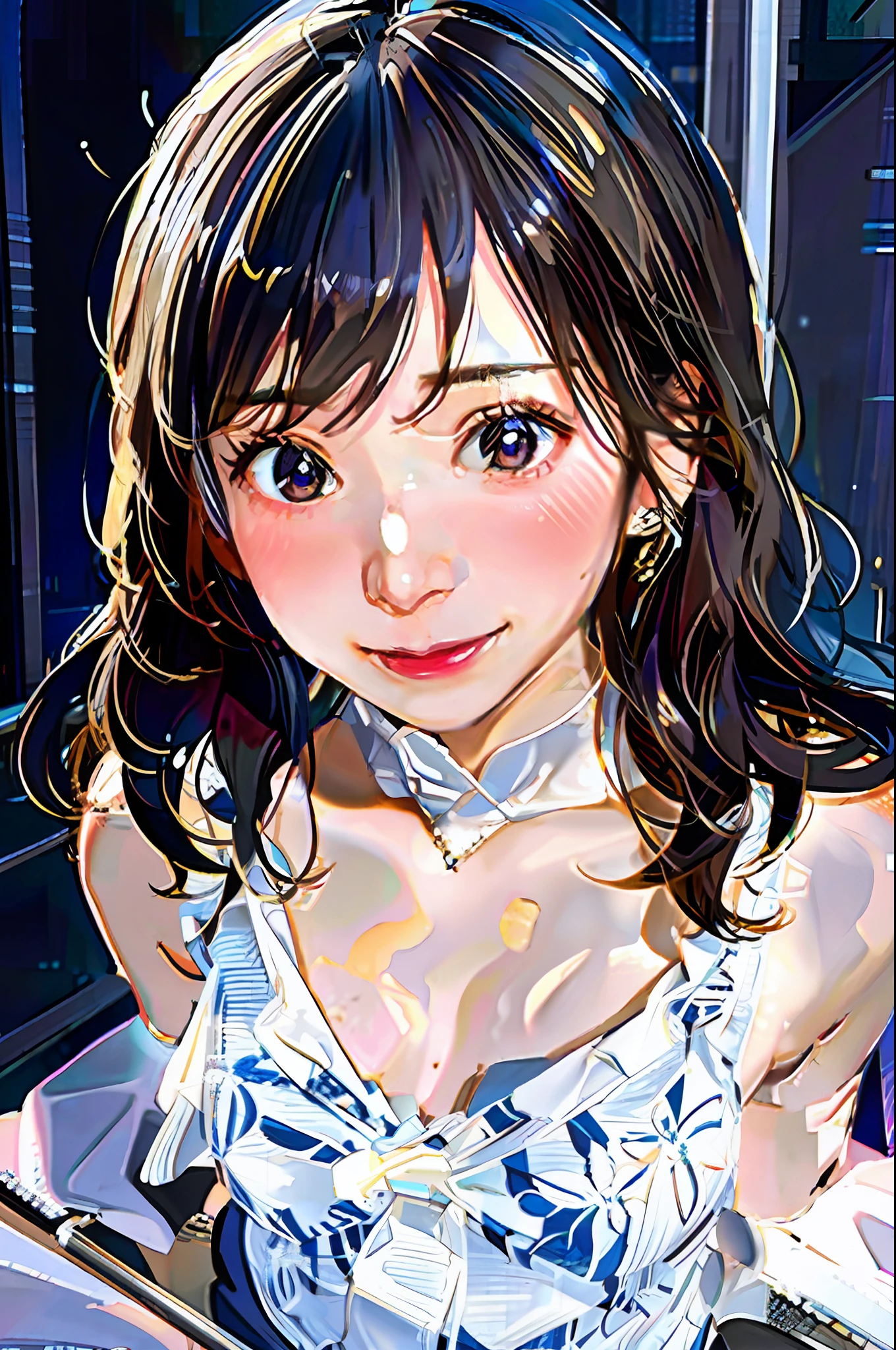 (8k, RAW photo, best quality, masterpiecex1 2), (realistic, photo-realistic:1.37), ultradetailed, 1 girl, cute, solo, beautiful detailed sky, detailed caenight, sitting, dating,(nose blush), (smile:1.1), (closed mouth) medium breasts, beautiful detailed eyes,(collared shirt:1.1), bowtie, pleated skirt,(short hair:1.2),long hair,  whole body,