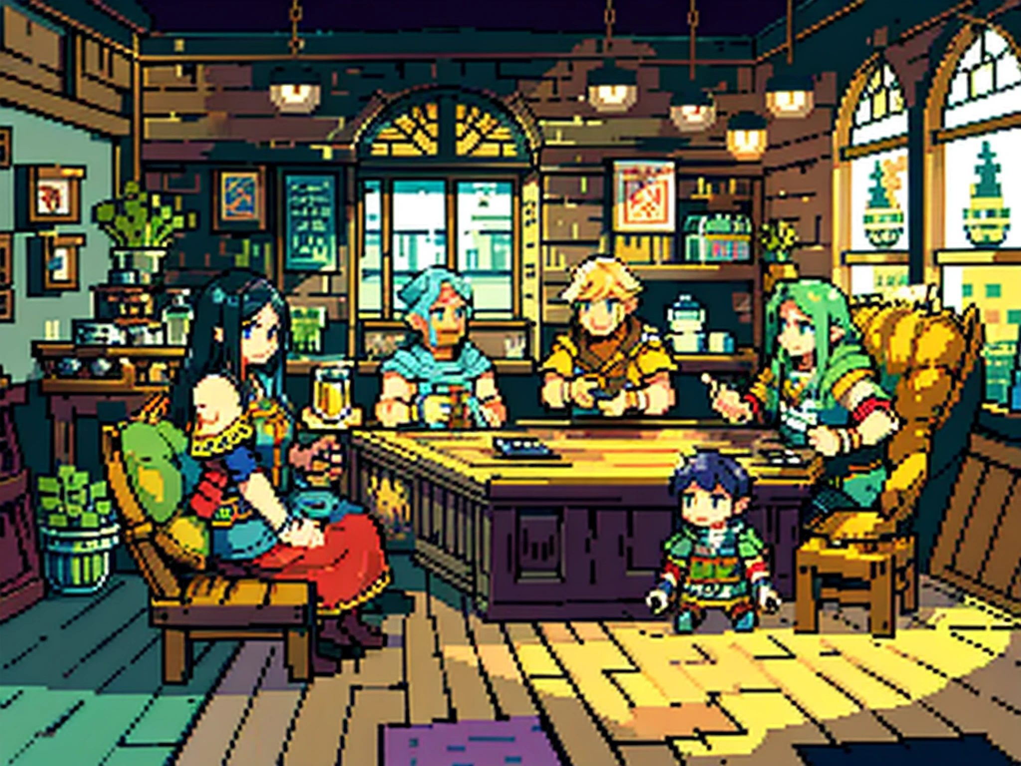 (((pixel art))), pixel style, An otherworldly party,5 people of of 5 different race sit around a round table, they are happy and smile, the table is filled with food likes grilled chicken, salad ,beef ,steak, beer BREAK 5 people are a beautiful blonde elf woman, a short muscle dwarf, a cowboy, a black hair cat girl, and a skeleton BREAK fantasy, otherworldly fantasy, deep fantasy, happy atmosphere,  BREAK,Detailed,Realistic,4k highly detailed digital art,octane render, bioluminescent, BREAK 8K resolution concept art, realism,by Mappa studios,masterpiece,best quality,official art,illustration,ligne claire,(cool_color),perfect composition,absurdres, fantasy,focused,rule of thirds