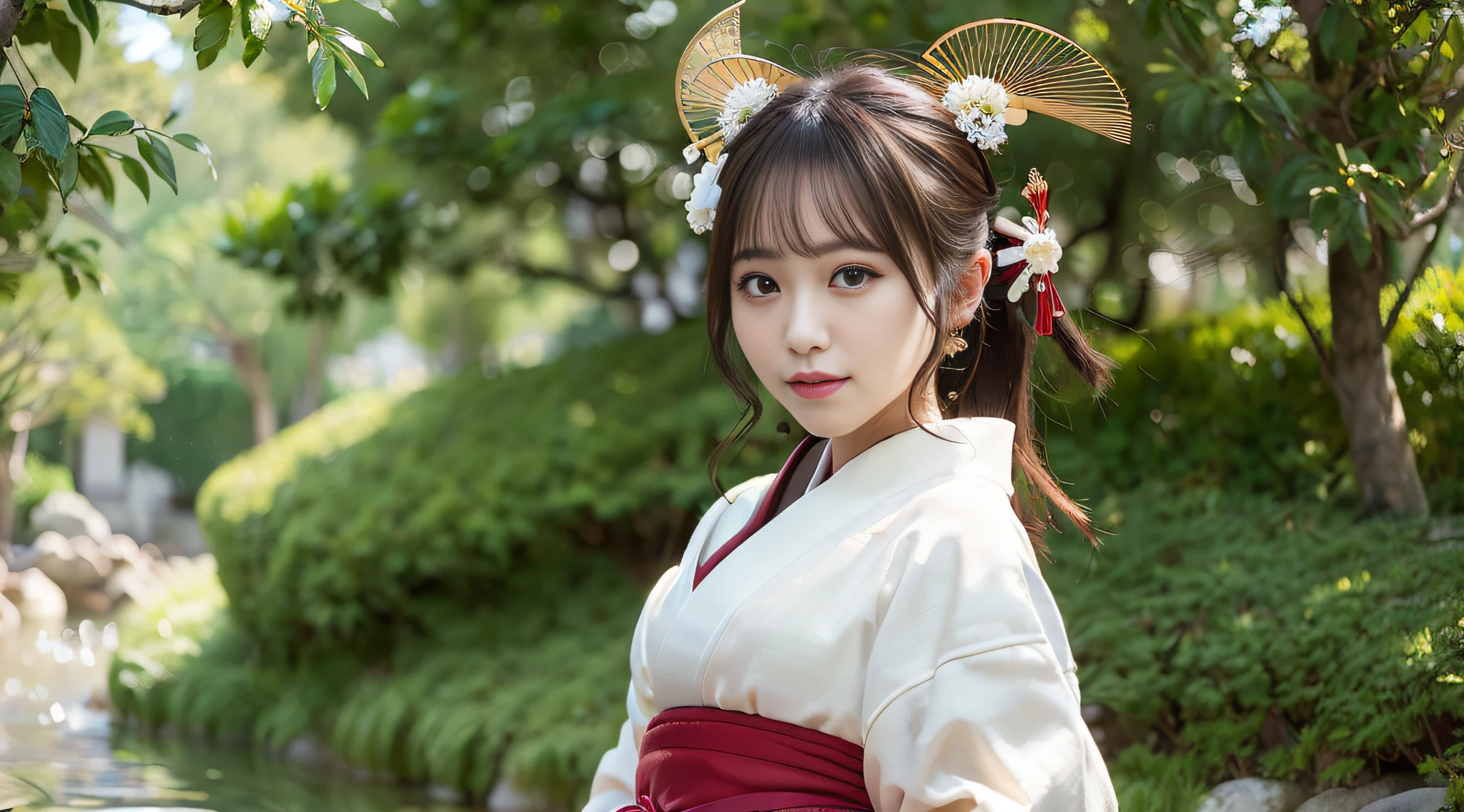 Top Quality, Masterpiece, Ultra High Definition, 8K, Raw, (Photorealistic Picture:1.4), Professional Lighting, Depth of Field, (Detailed Background:1.5), (Shinto Inner:1.3), Slender, Dynamic Pose, Daytime, One Girl, Cute, Smile, Big Black Eyes, Big, Detailed Clothing, (Miko:1.3), White, Kimono, Hakama, Sleeves, Red Long Skirt