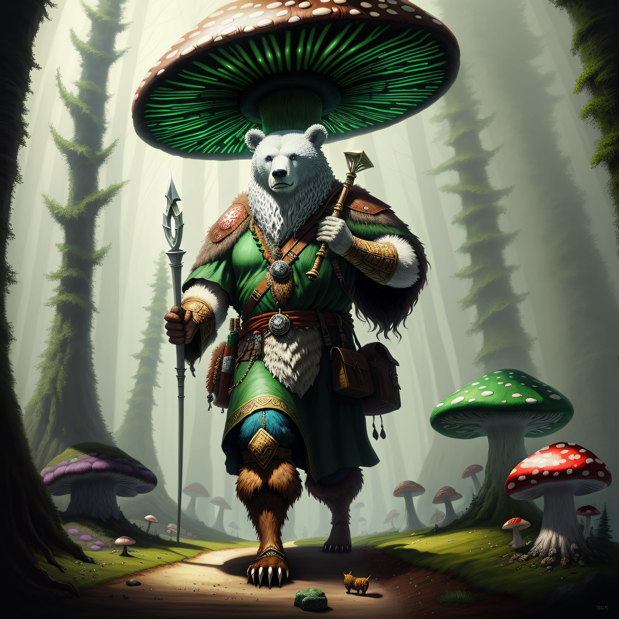 Druid nomad, with his scepter, companion bear, walking in the forest of giant mushrooms, extremely detailed, natural lighting, illustration