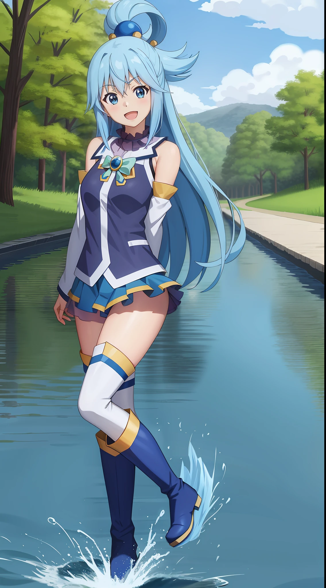 ,anime screenshot,anime coloring,
1girl, long hair, solo, open mouth, smile, full body, head tilt, blue hair, blue eyes, separate sleeves, high boots, outdoor, sun, trees, river, hair ornament, simple background, bare shoulders, single hair ring, green bow, facing the viewer, blue shirt,