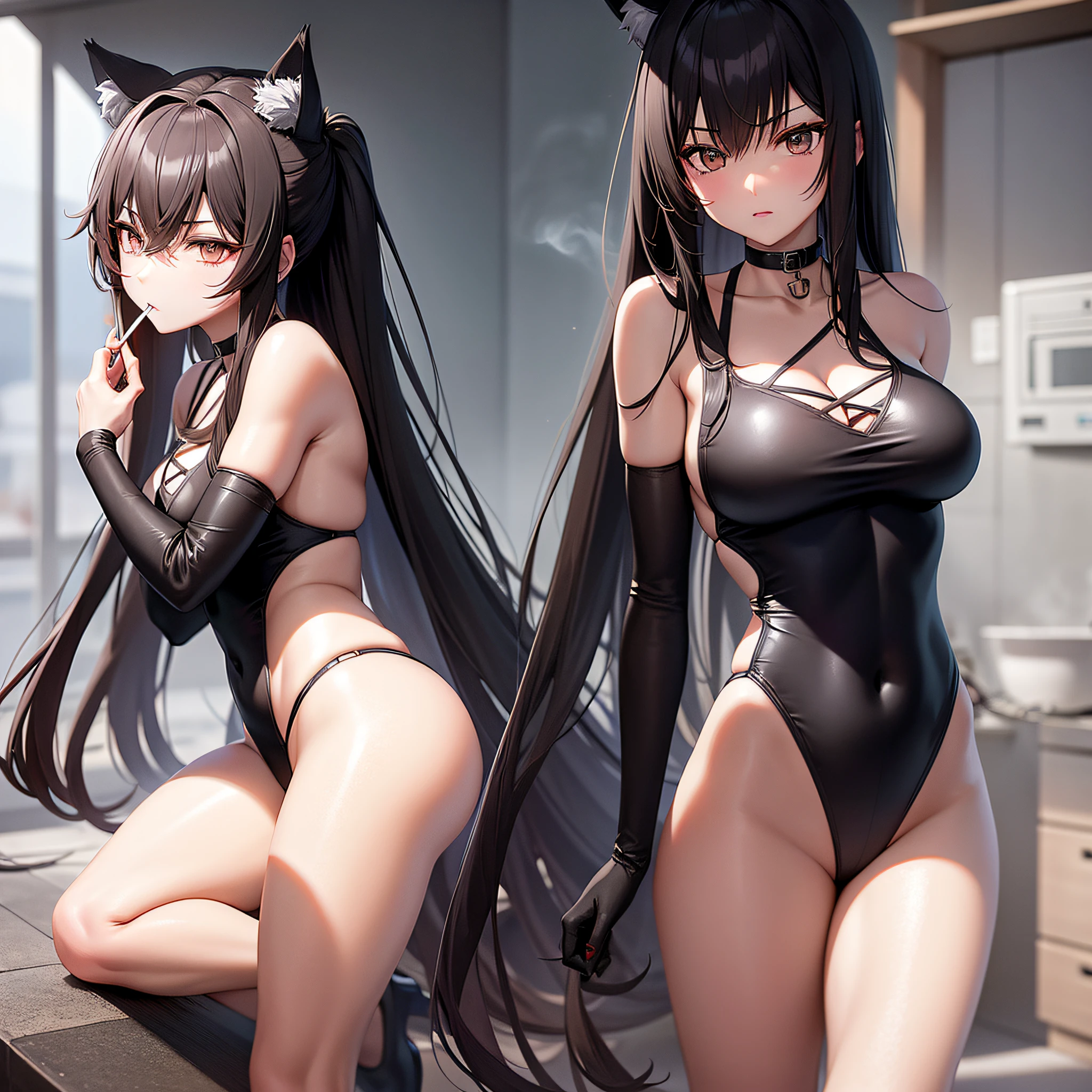 an anime weighting with wolf orehas dark sinza hair swimsuit smoking a cigarette
